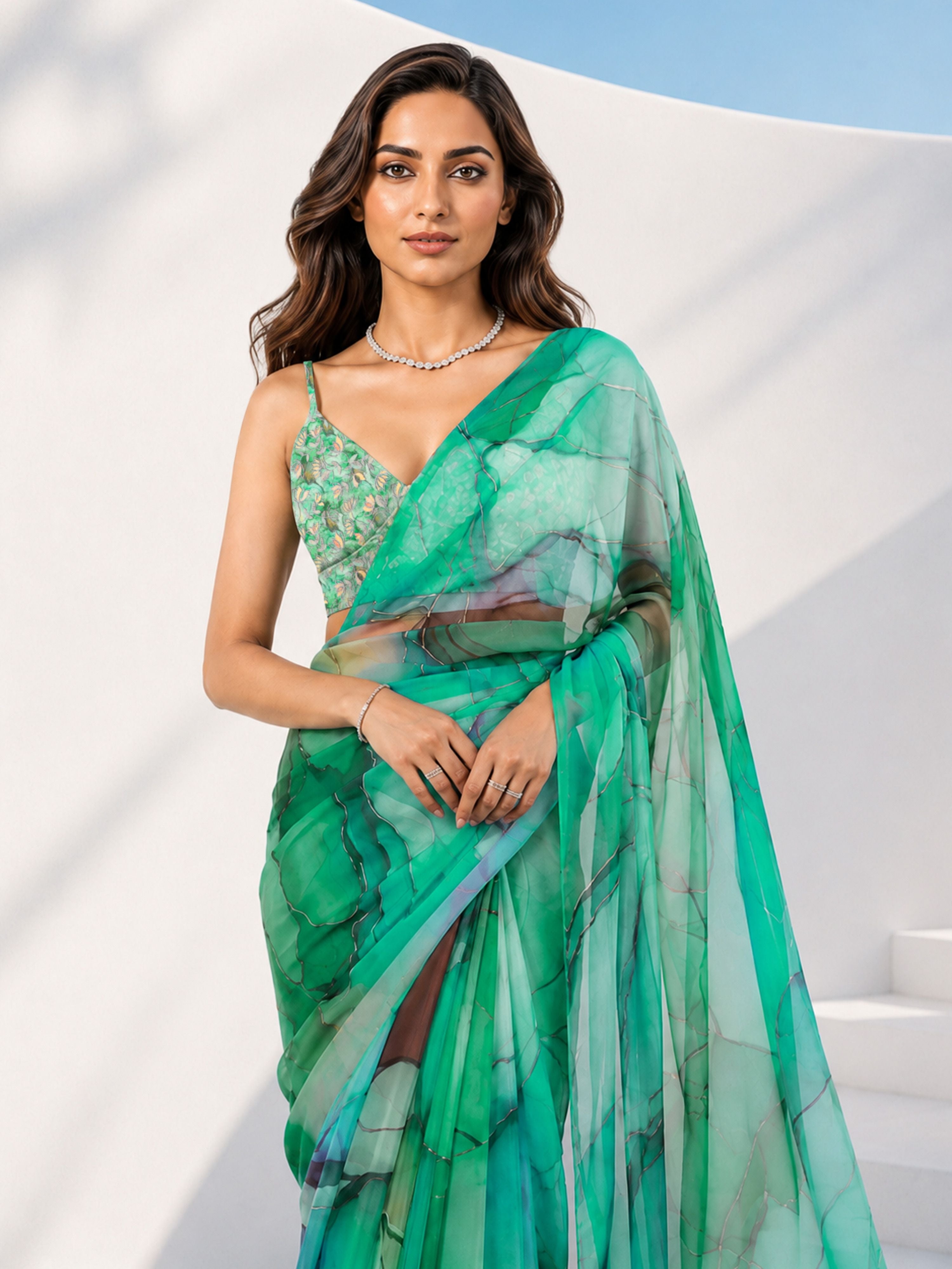 Women's Green Organza Abstract Saree With Unstitched Blouse Piece