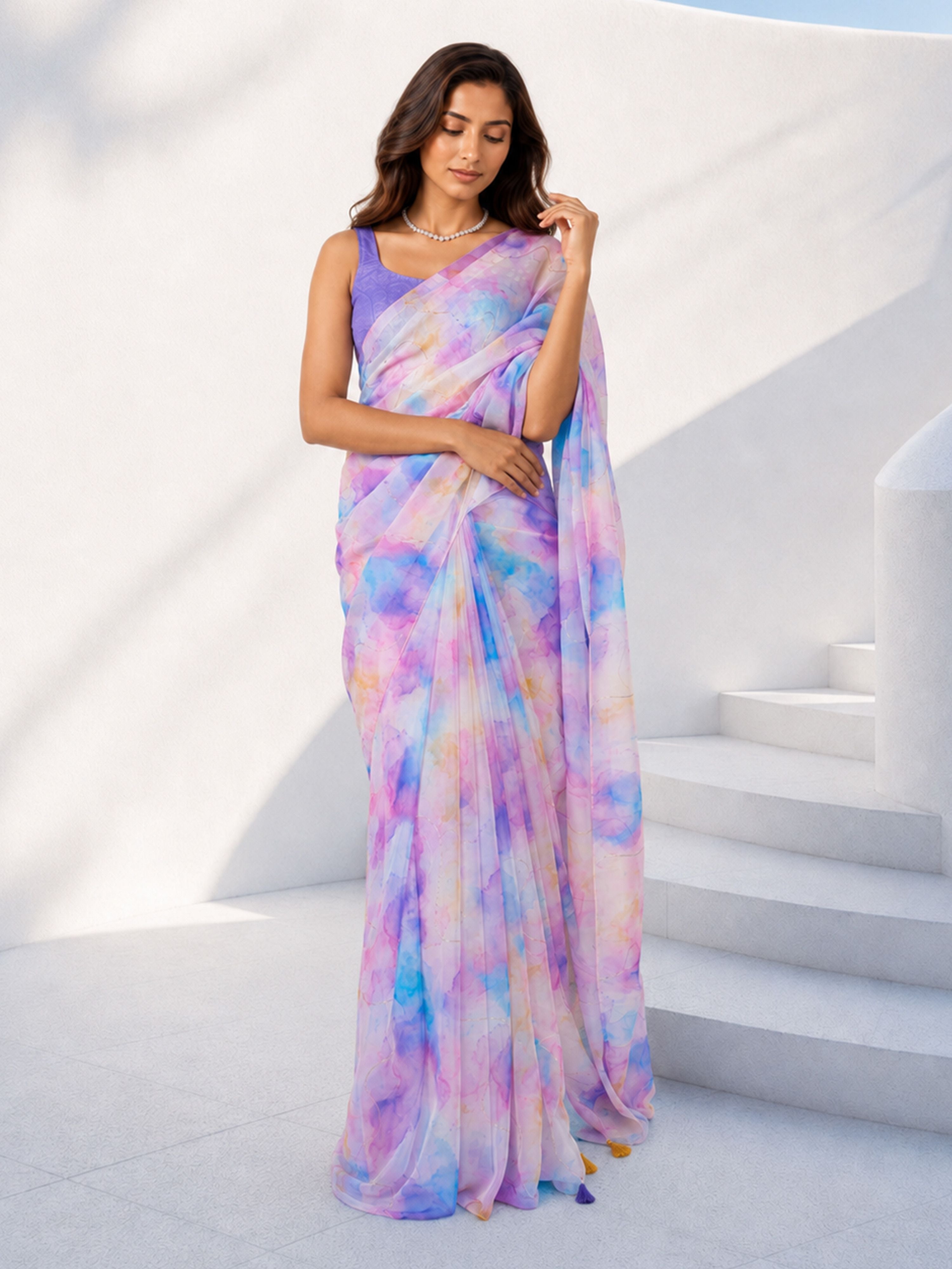 Multicolor Organza Abstract Printed Saree with Tassels