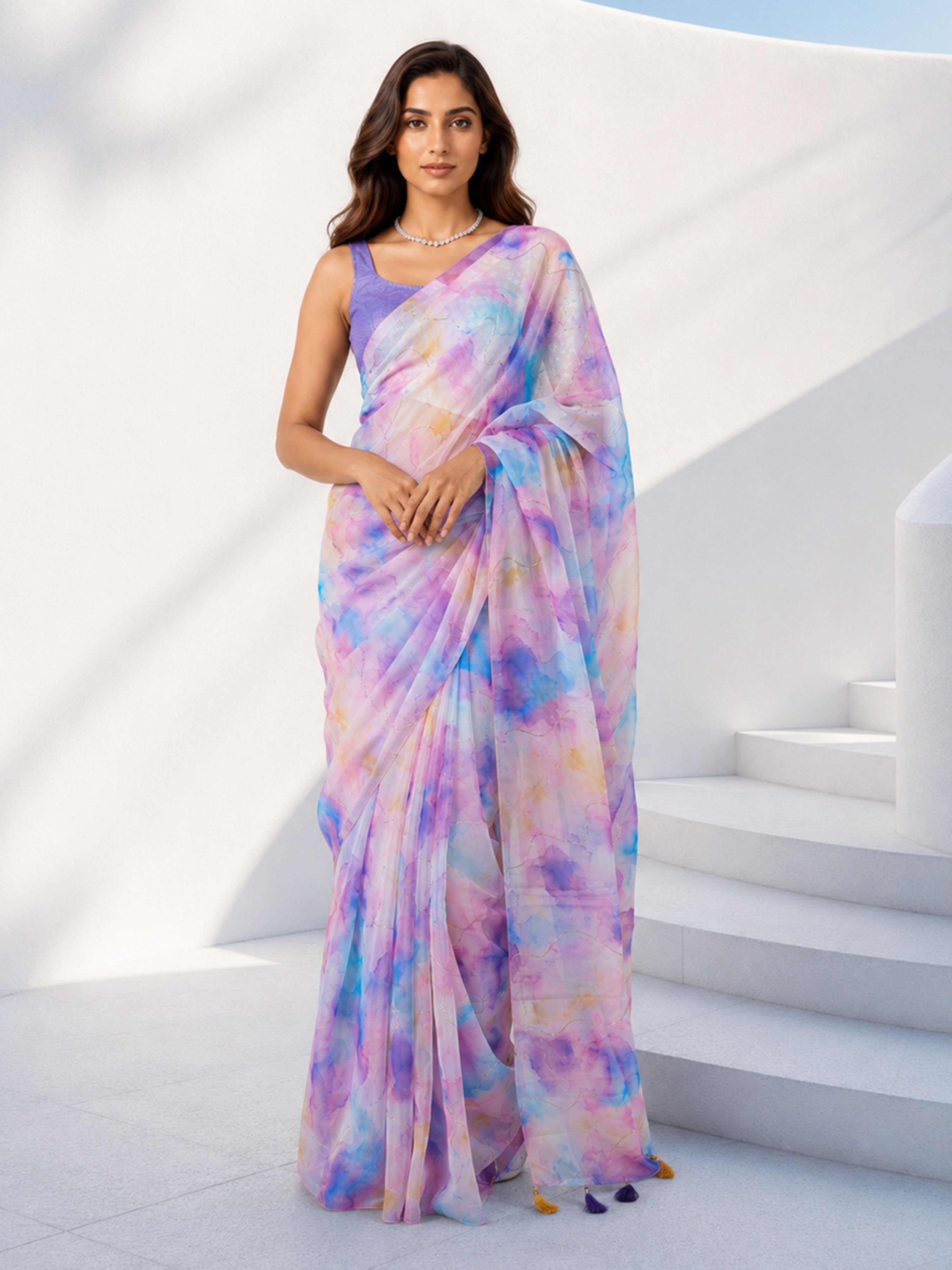 Women's Multicolor Organza Abstract Saree With Unstitched Blouse Piece