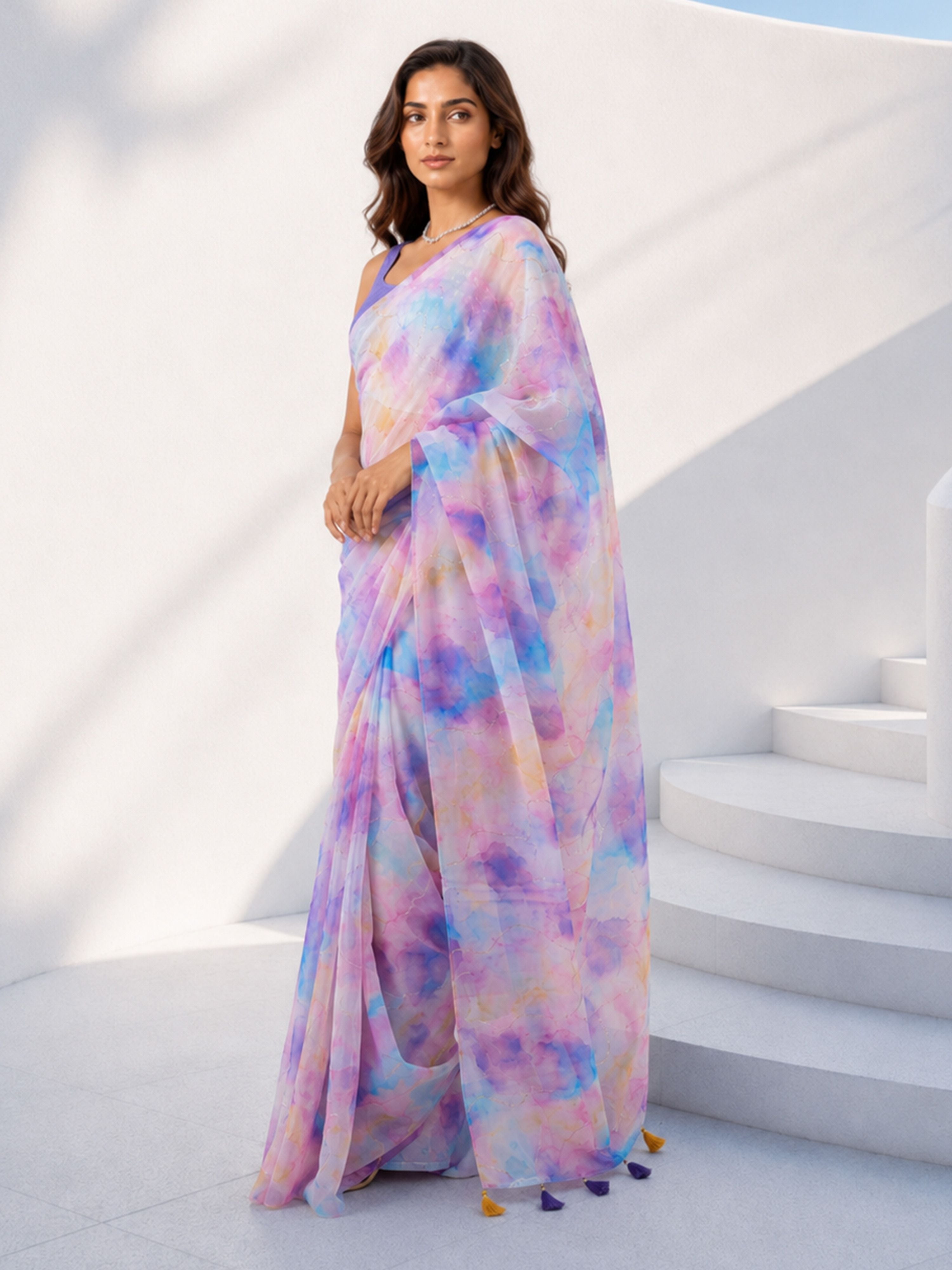 Women's Multicolor Organza Abstract Saree With Unstitched Blouse Piece