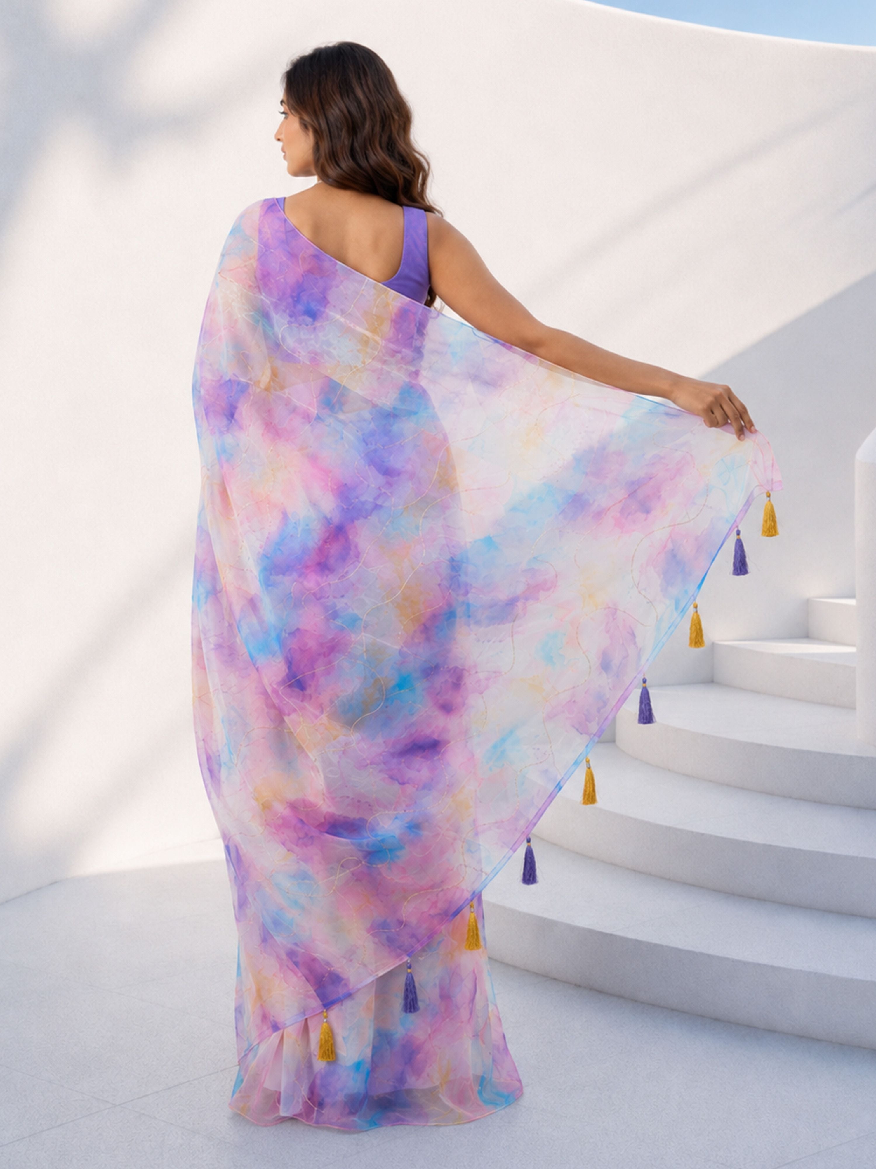 Women's Multicolor Organza Abstract Saree With Unstitched Blouse Piece