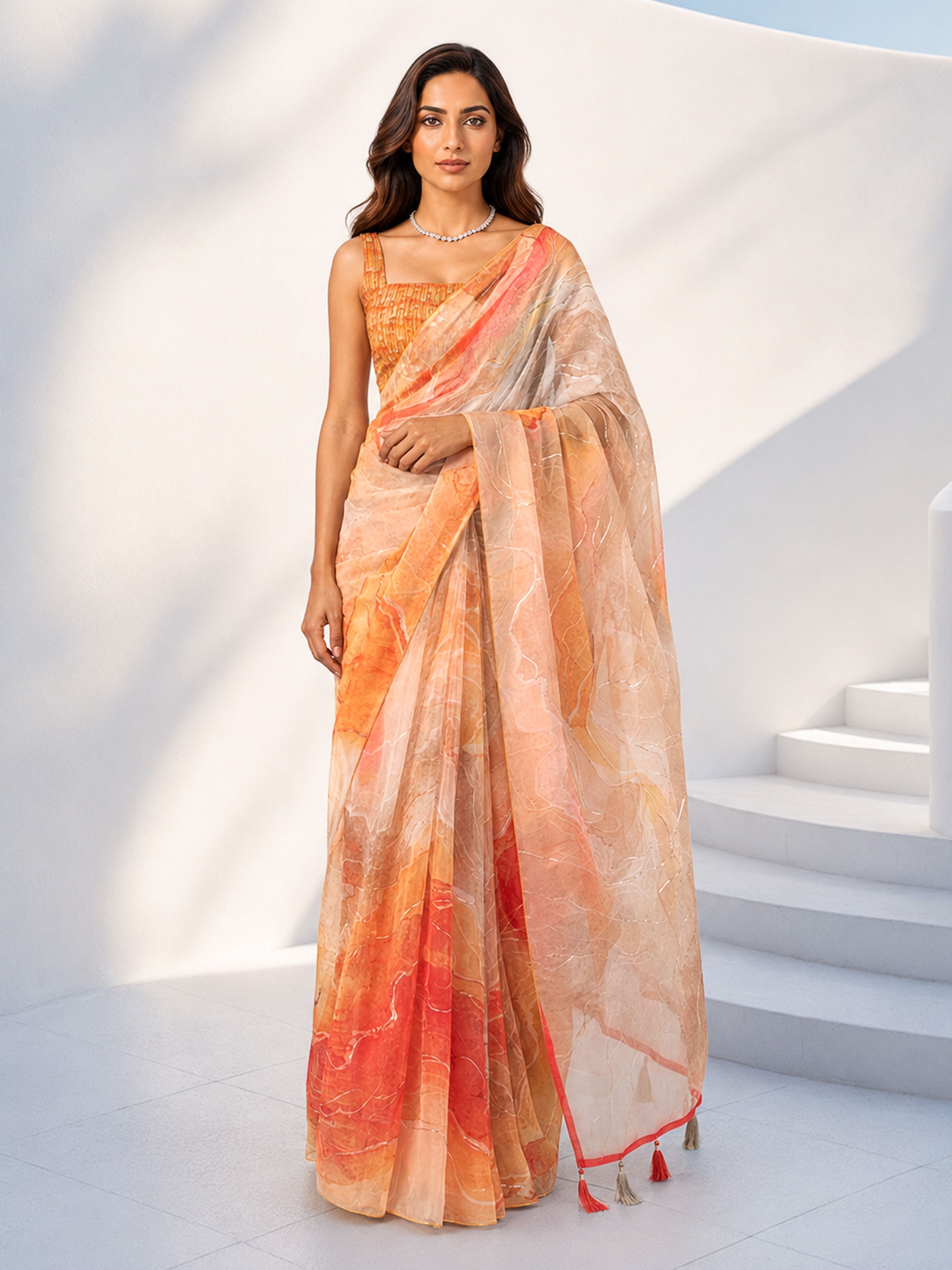 Women's Orange Organza Abstract Saree With Unstitched Blouse Piece