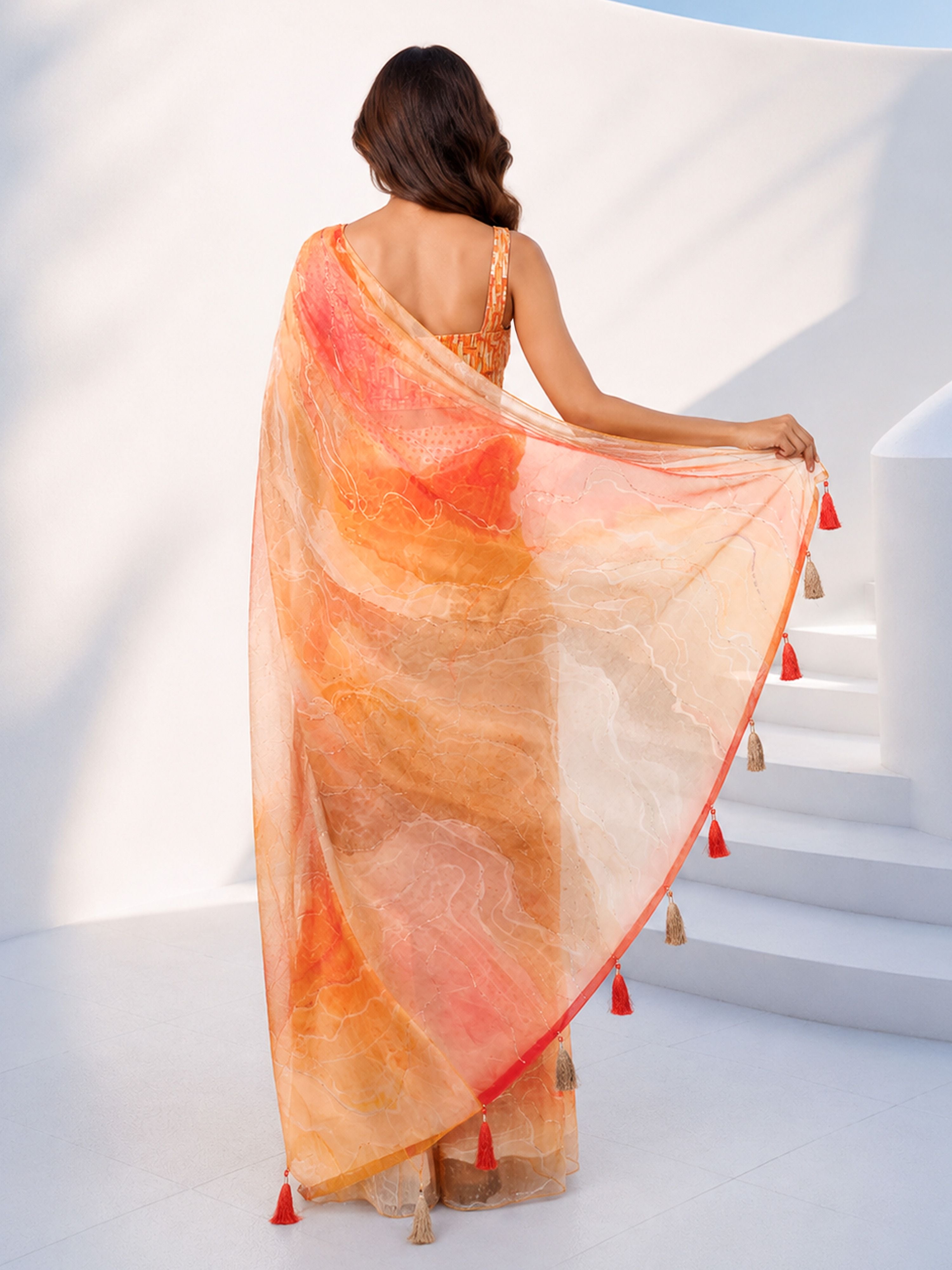Women's Orange Organza Abstract Saree With Unstitched Blouse Piece