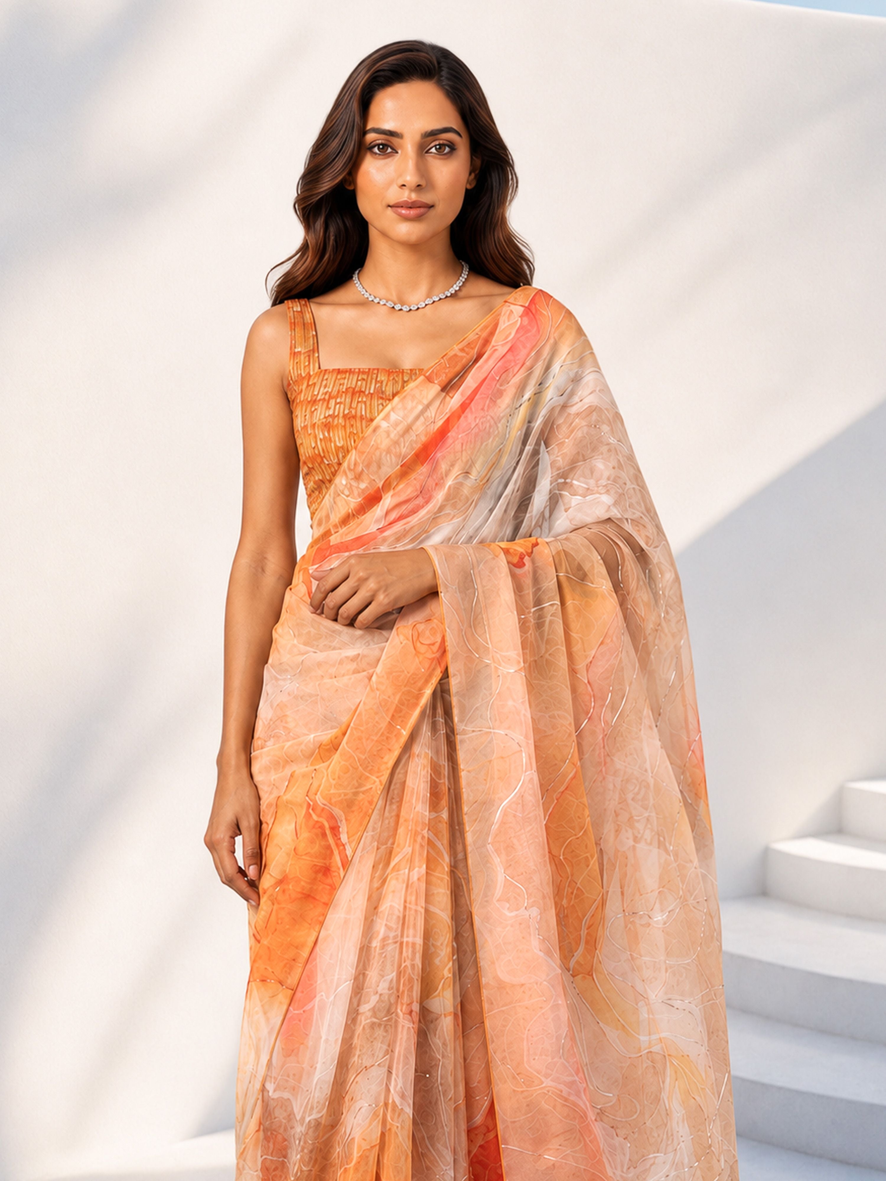 Women's Orange Organza Abstract Saree With Unstitched Blouse Piece