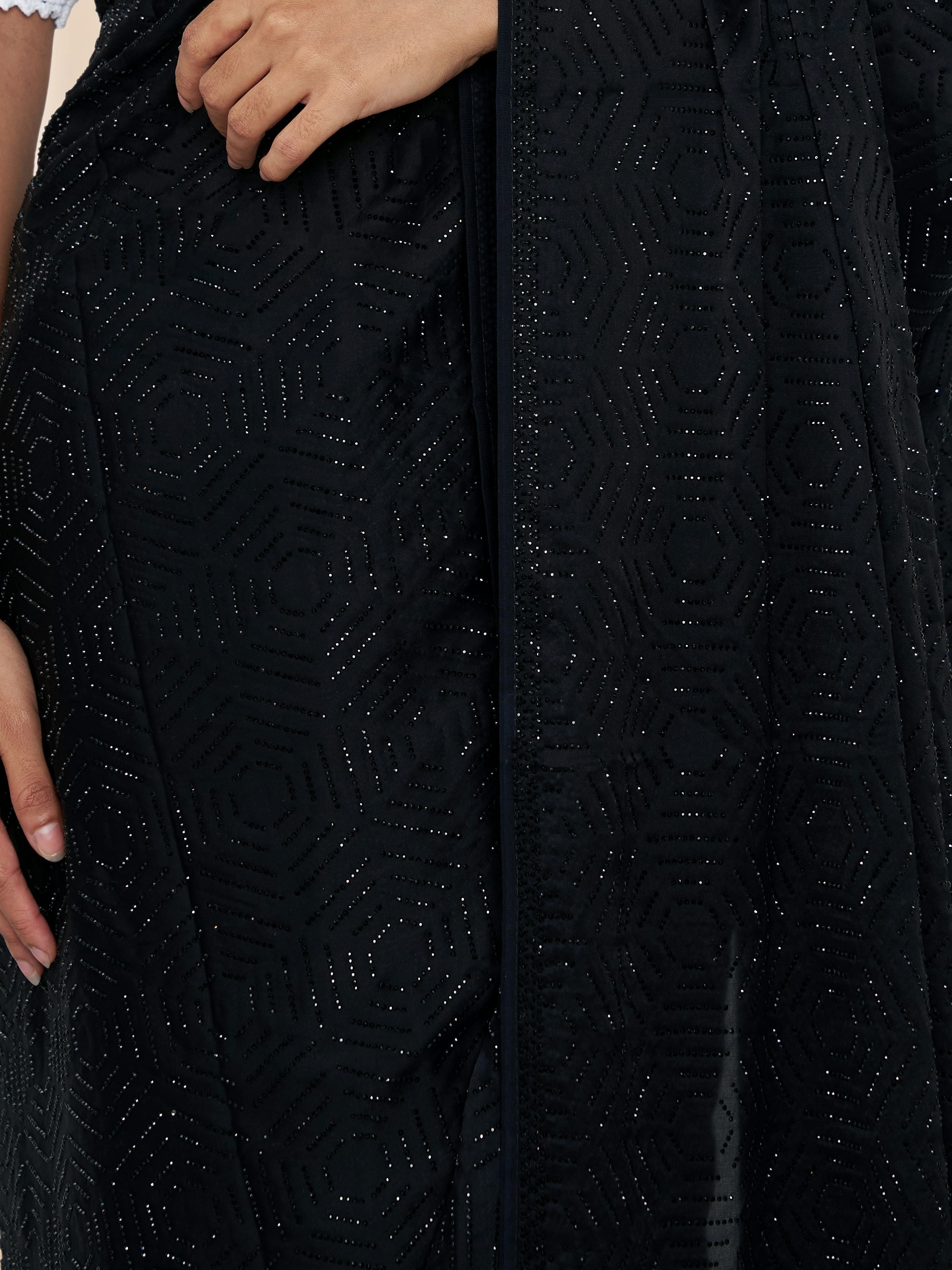 Women's Black Satin Embellished Saree With Unstitched Blouse Piece