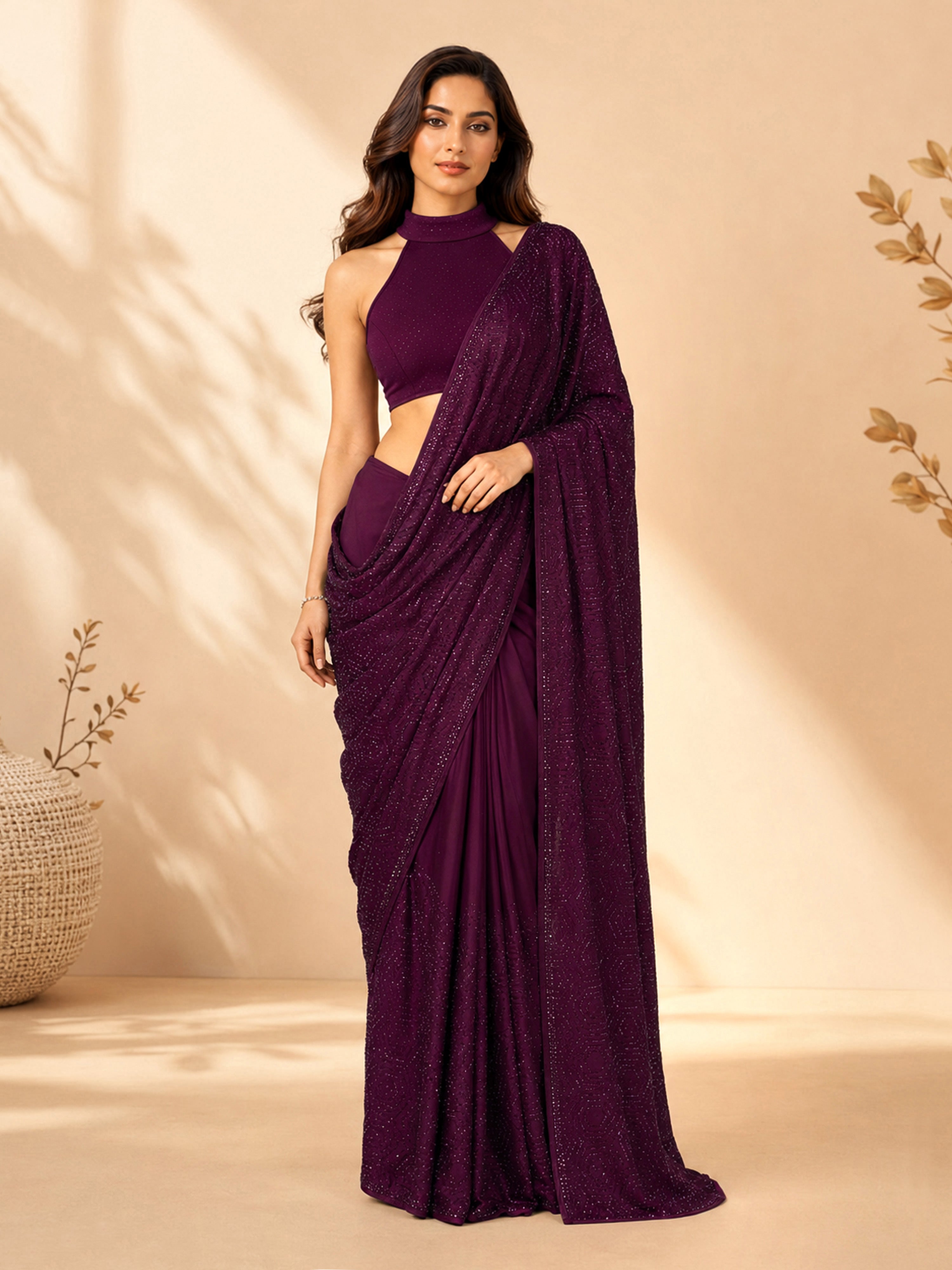 Women's Purple  Embellished Saree with Unstitched Blouse Piece