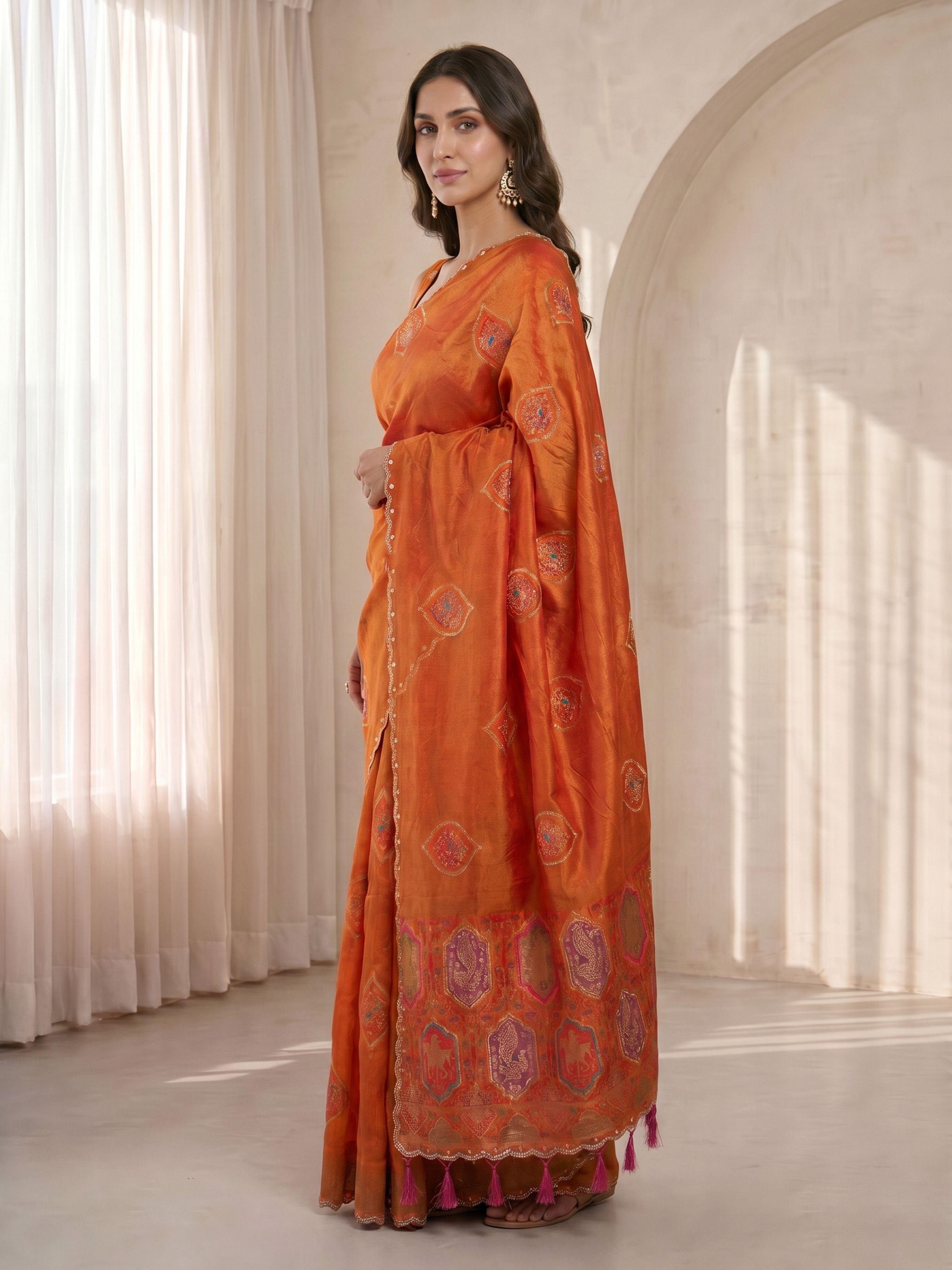 Women's Orange Jacquard Ethnic Motifs Saree With Unstitched Blouse Piece