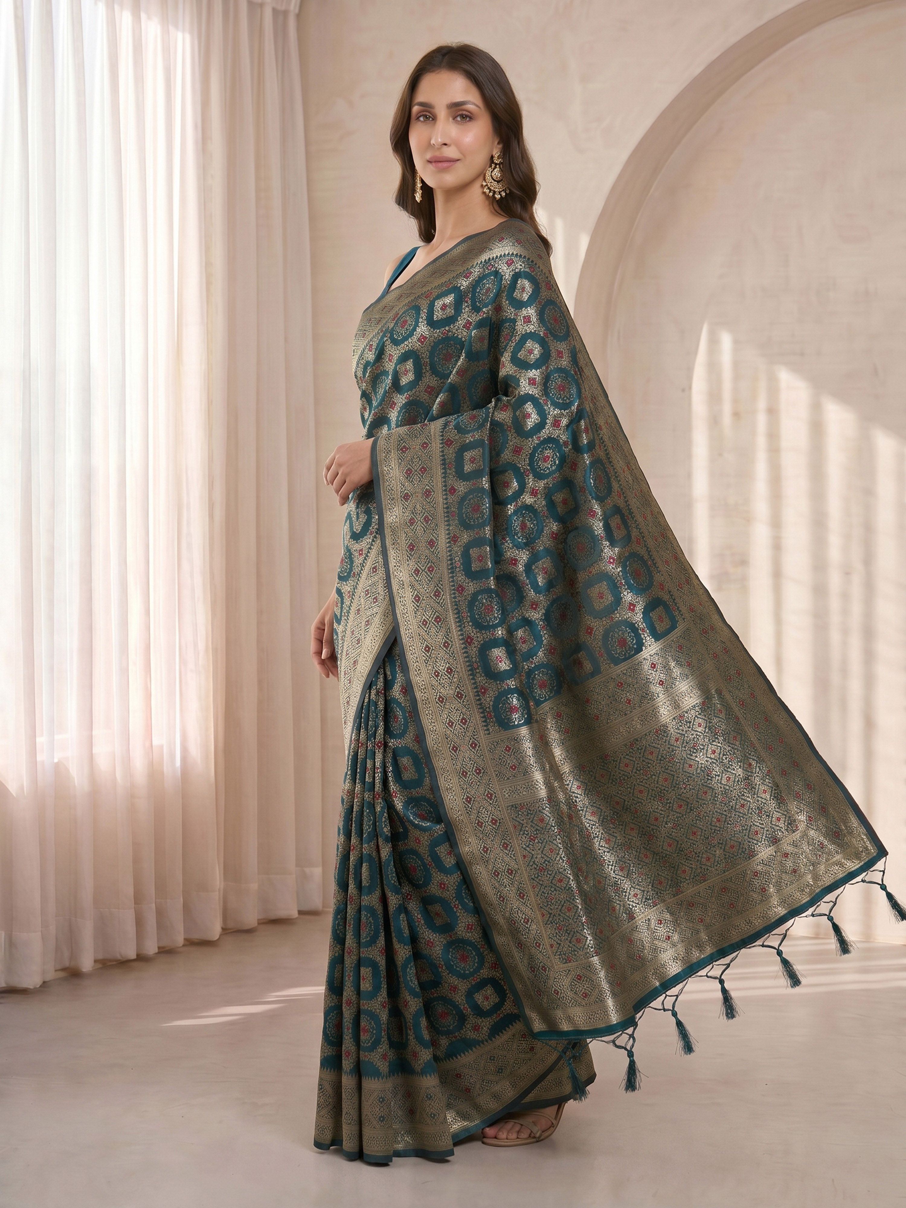 Blue Cotton-Silk Geometric Woven Saree with Zari Border