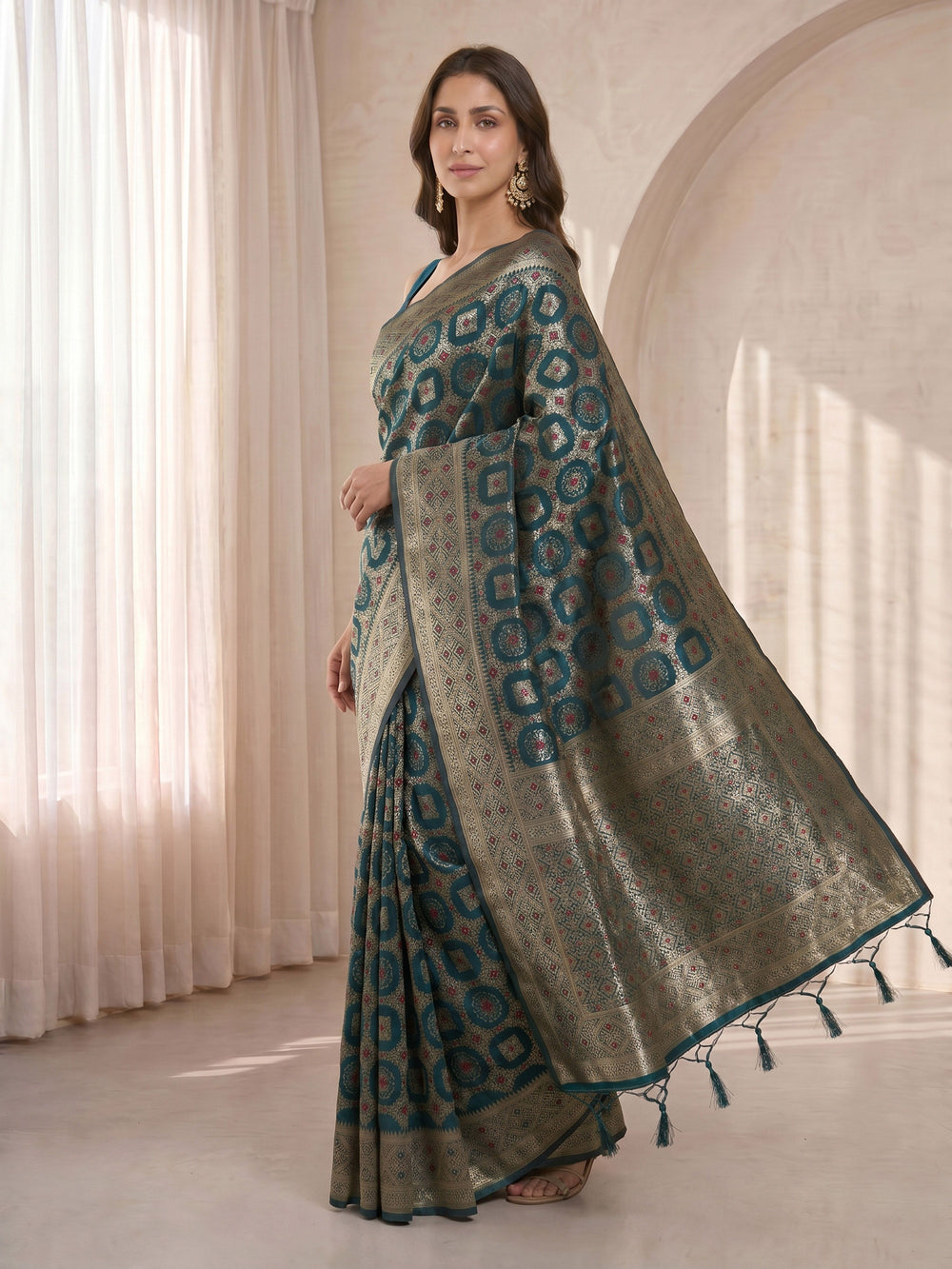 Blue Cotton-Silk Geometric Woven Saree with Zari Border