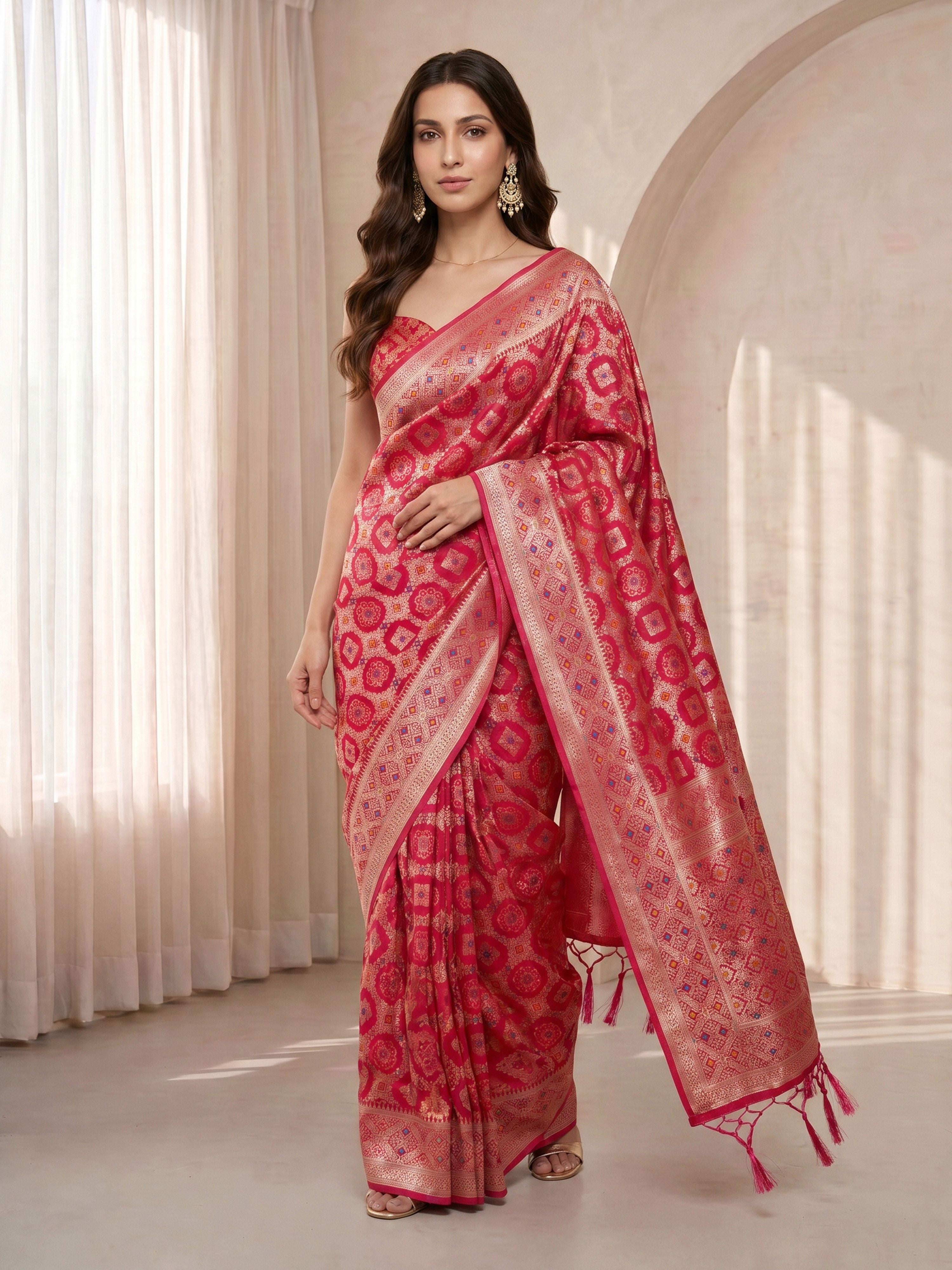 Women's Fuchsia Cotton-Silk Geometric Print Saree With Unstitched Blouse Piece
