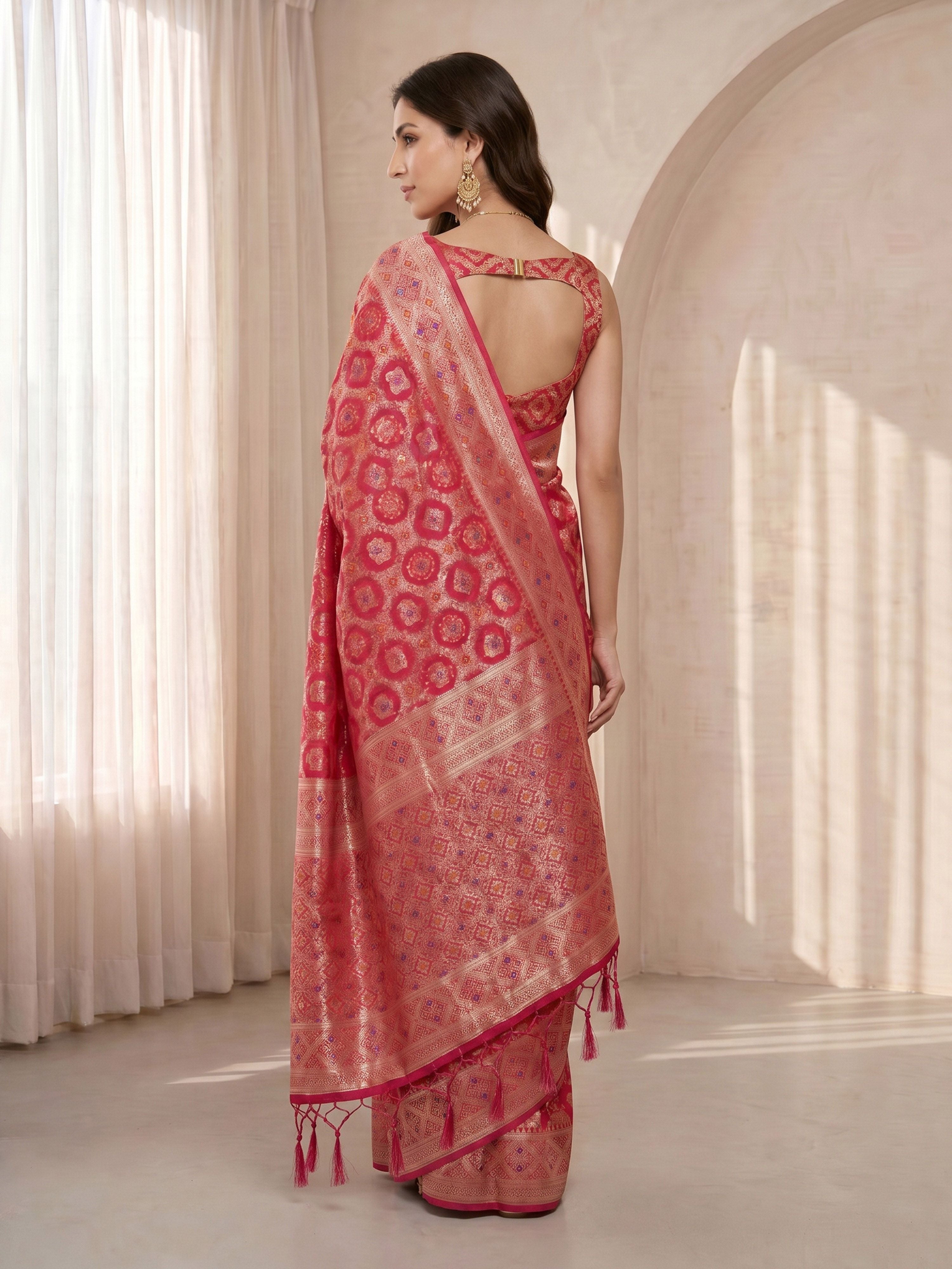 Women's Fuchsia Cotton-Silk Geometric Print Saree With Unstitched Blouse Piece