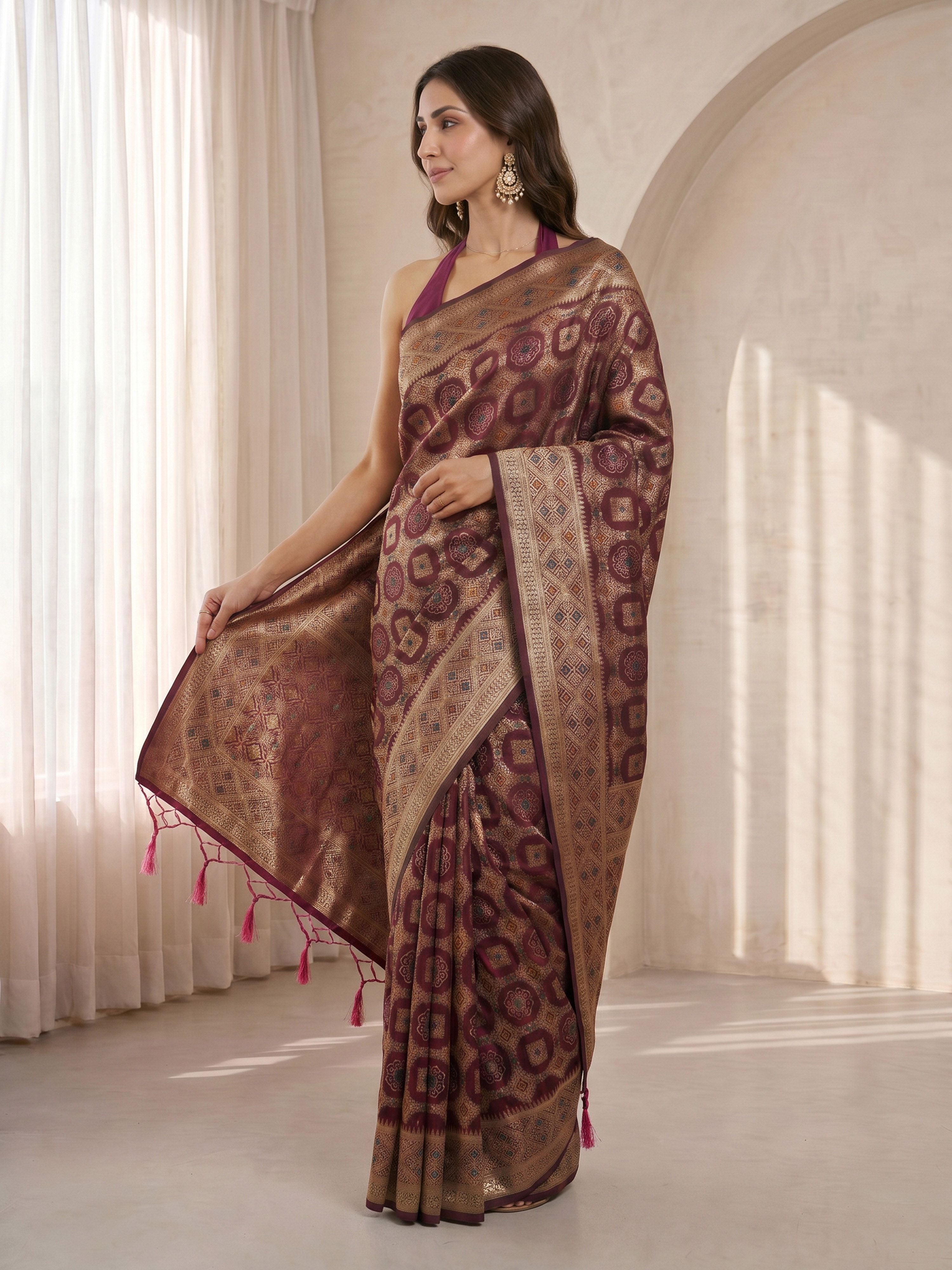 Women's Purple Cotton-Silk Geometric Print Saree With Unstitched Blouse Piece