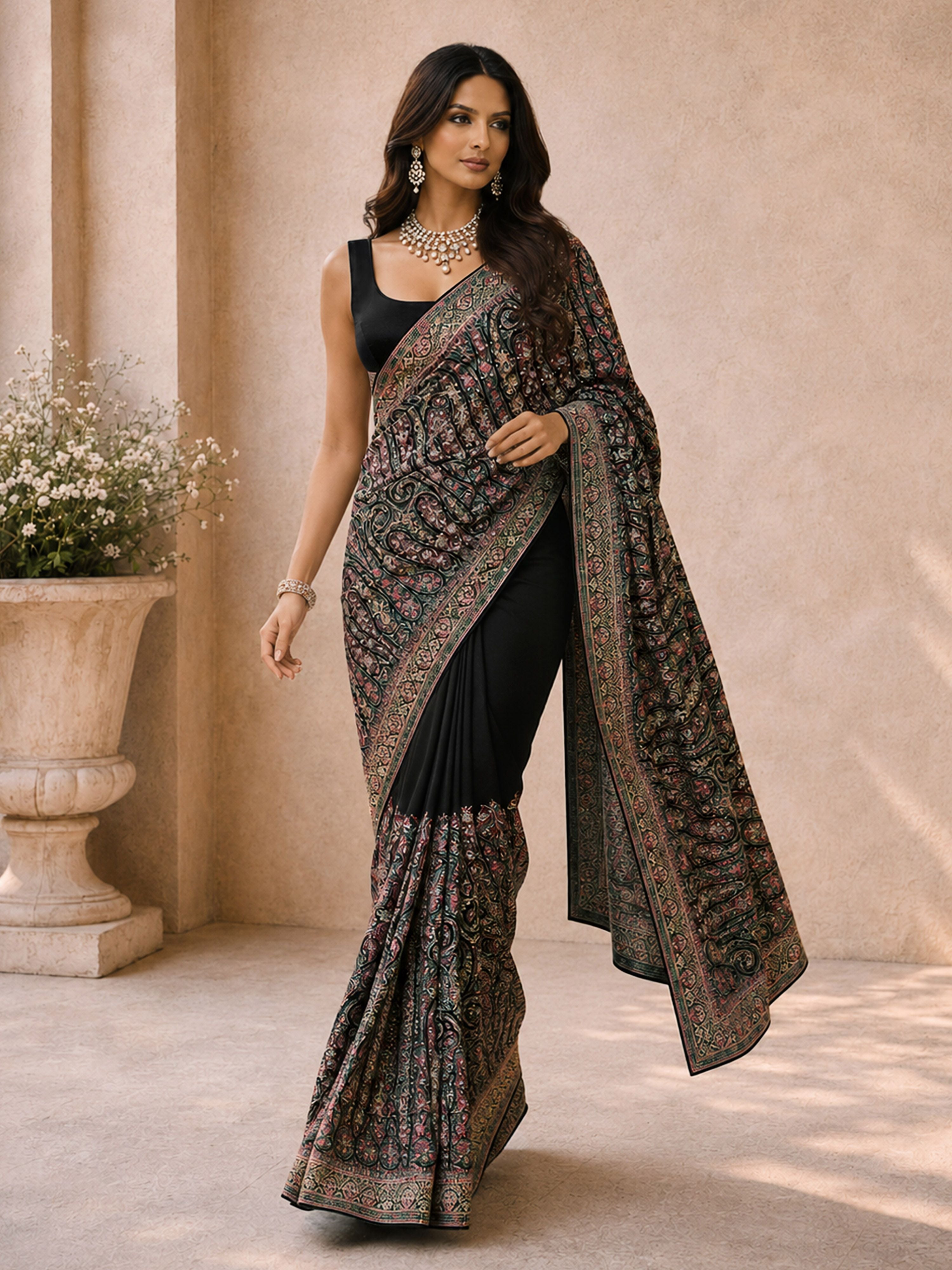 Black Georgette Printed Saree with Floral Ethnic Motifs