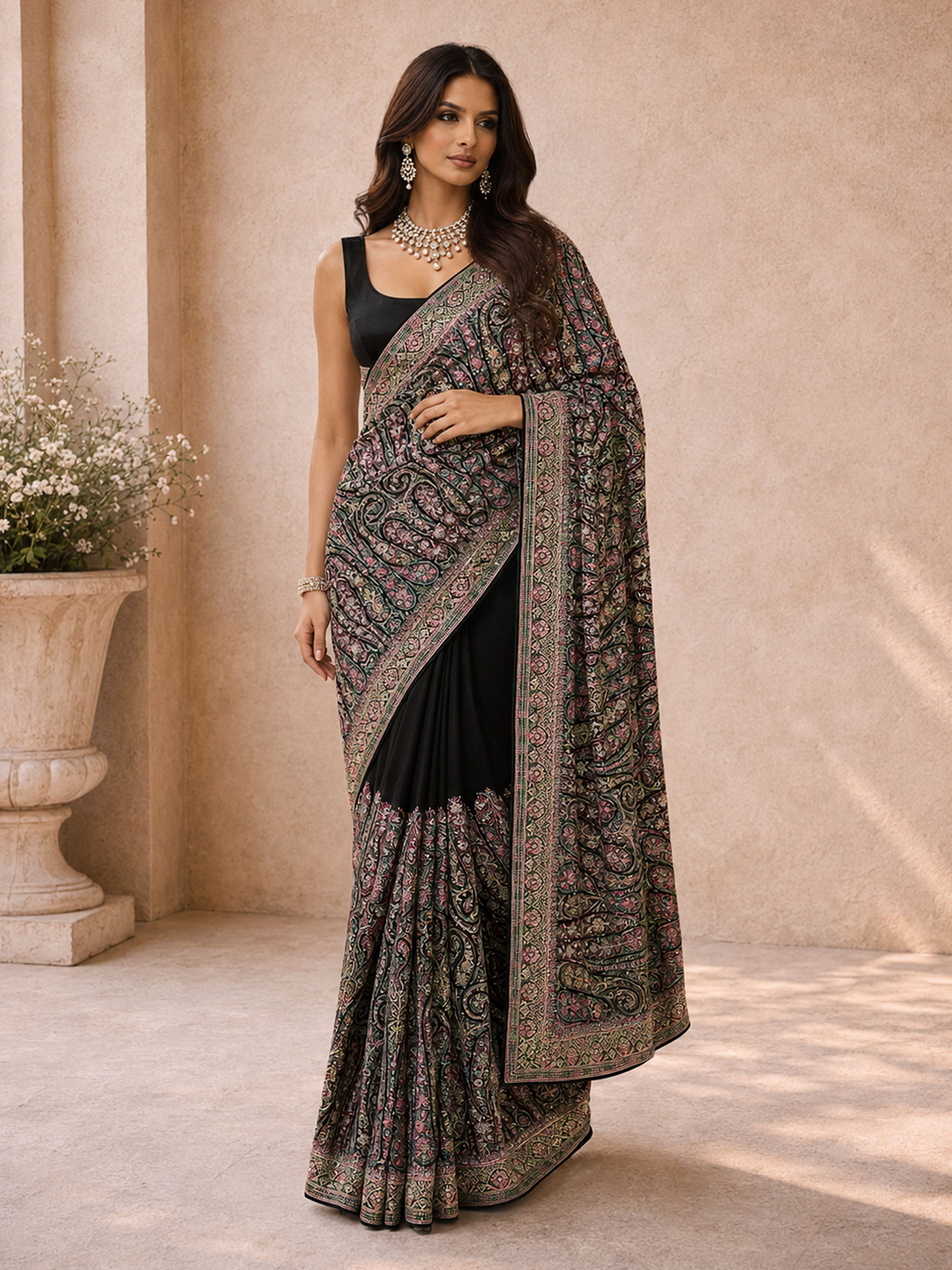 Women's Black Georgette Ethnic Motifs Saree With Unstitched Blouse Piece