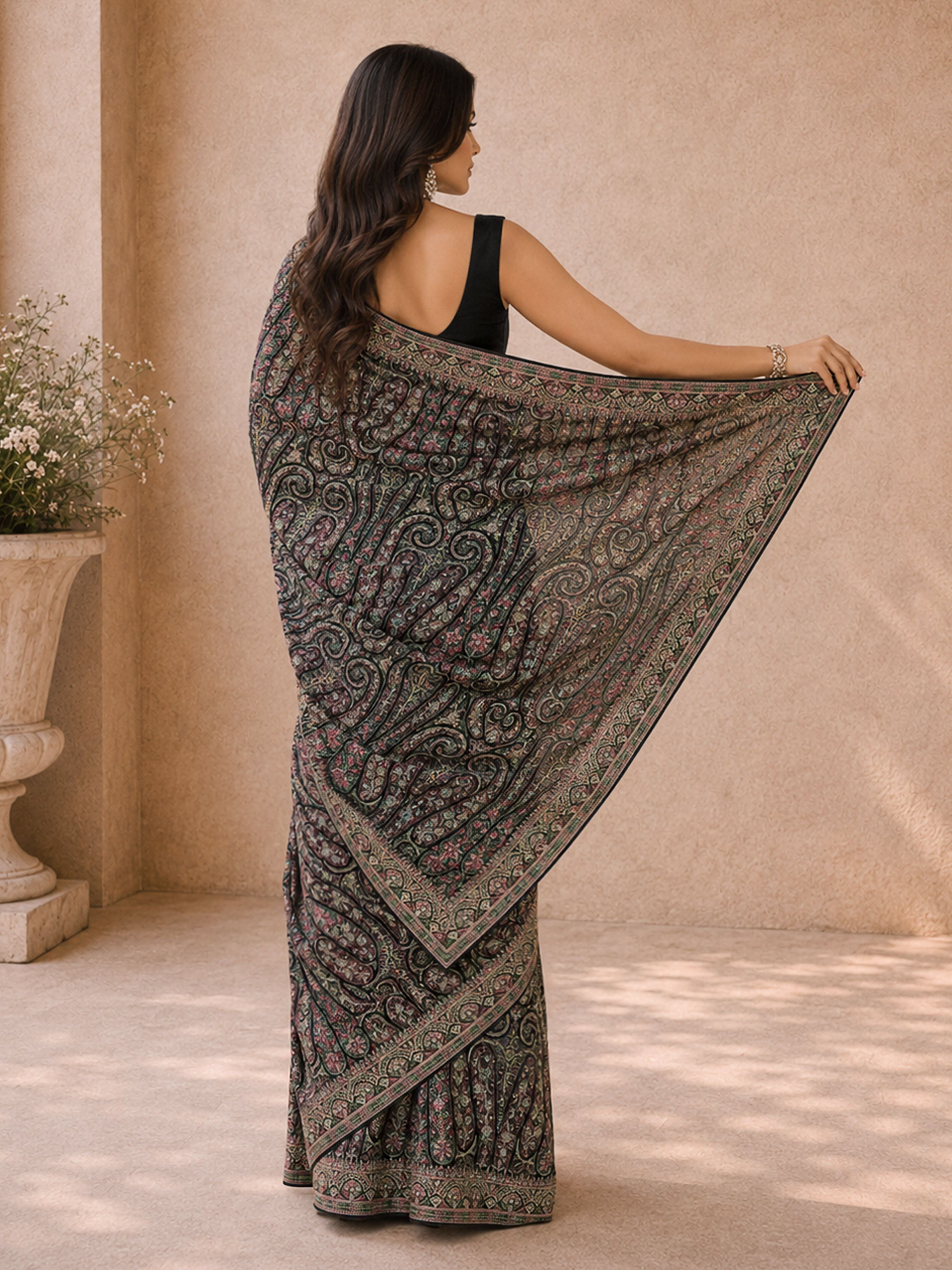 Women's Black Georgette Ethnic Motifs Saree With Unstitched Blouse Piece