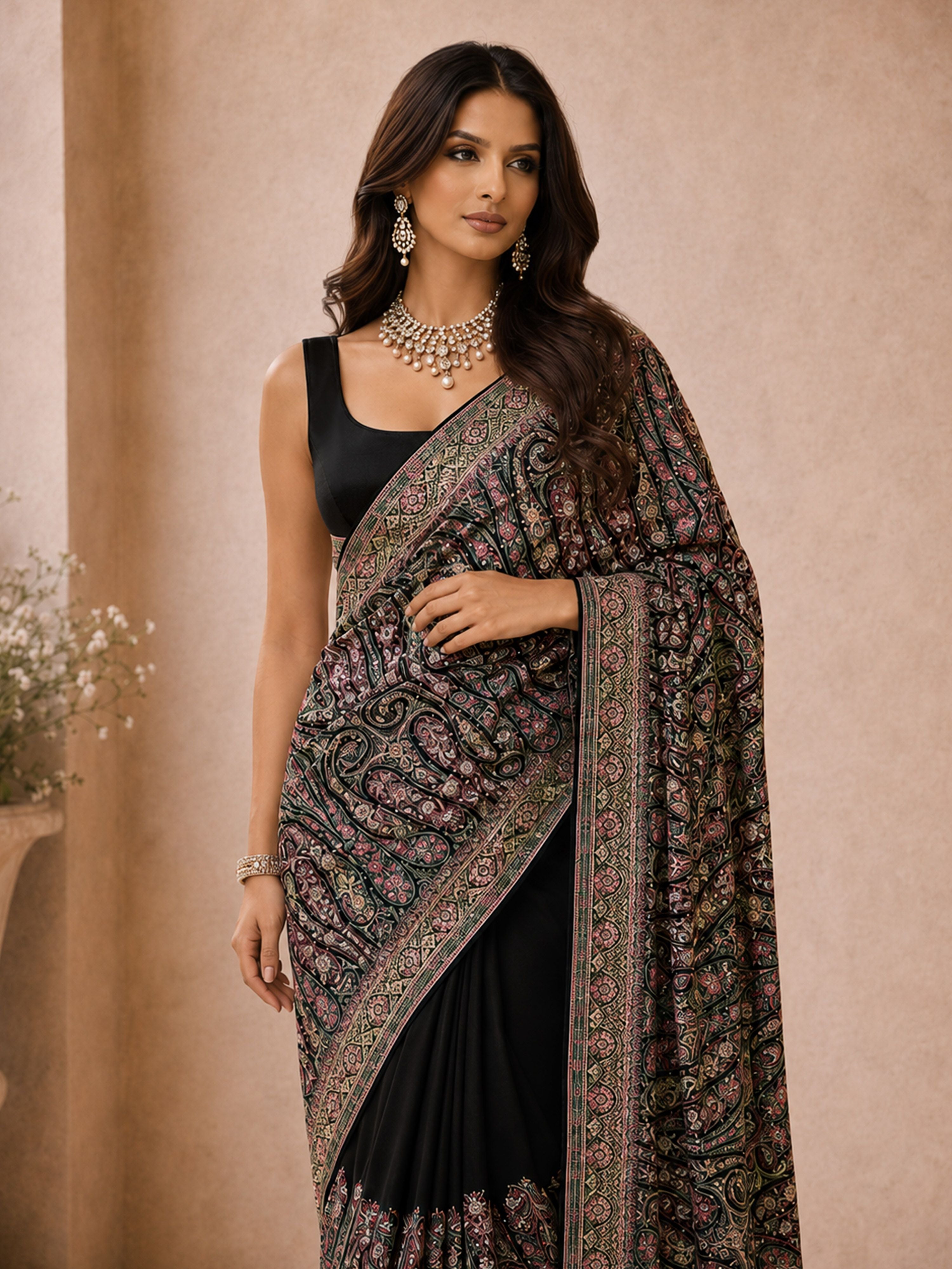 Women's Black Georgette Ethnic Motifs Saree With Unstitched Blouse Piece