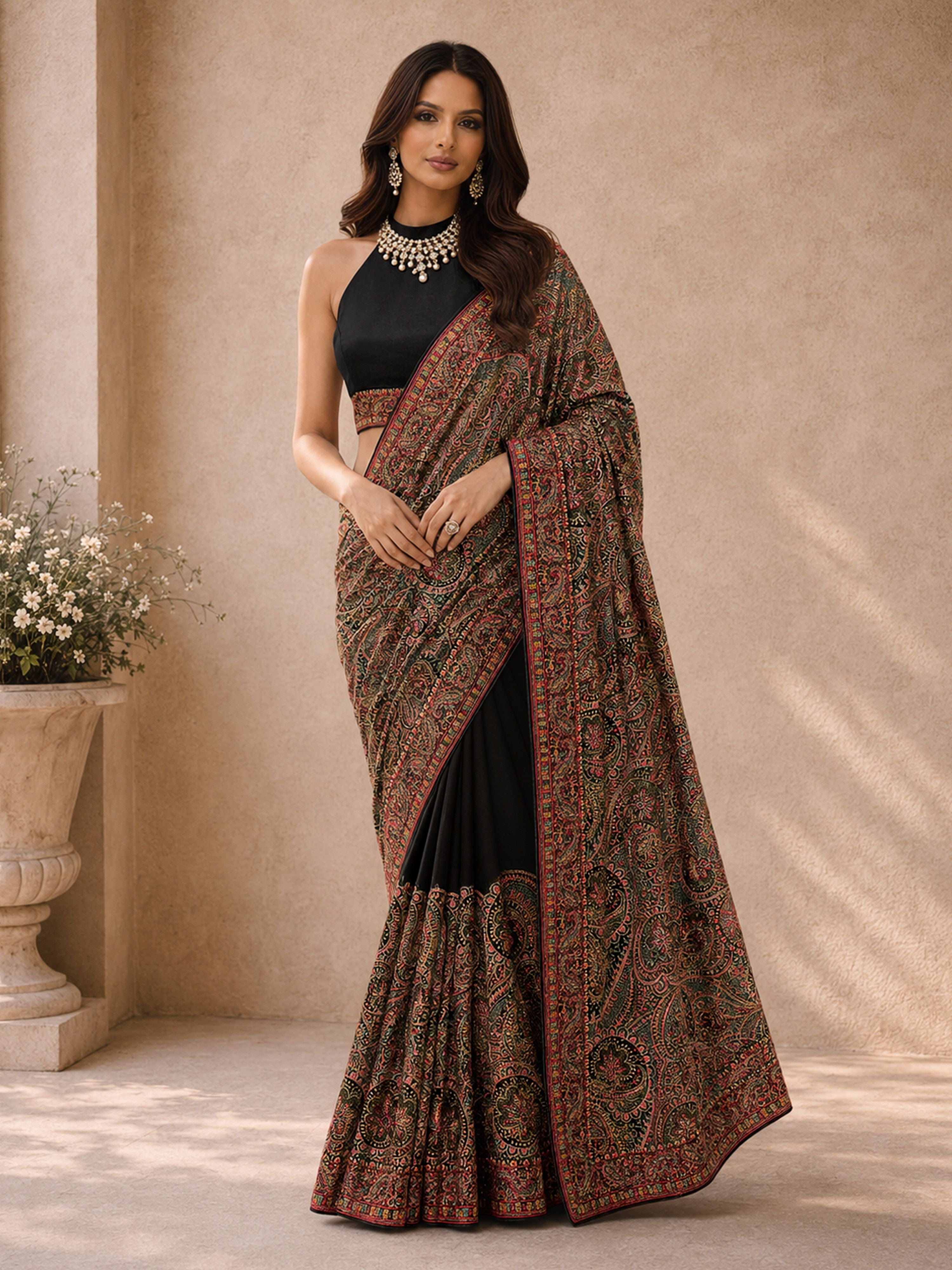 Women's Black Georgette Ethnic Motifs Saree With Unstitched Blouse Piece