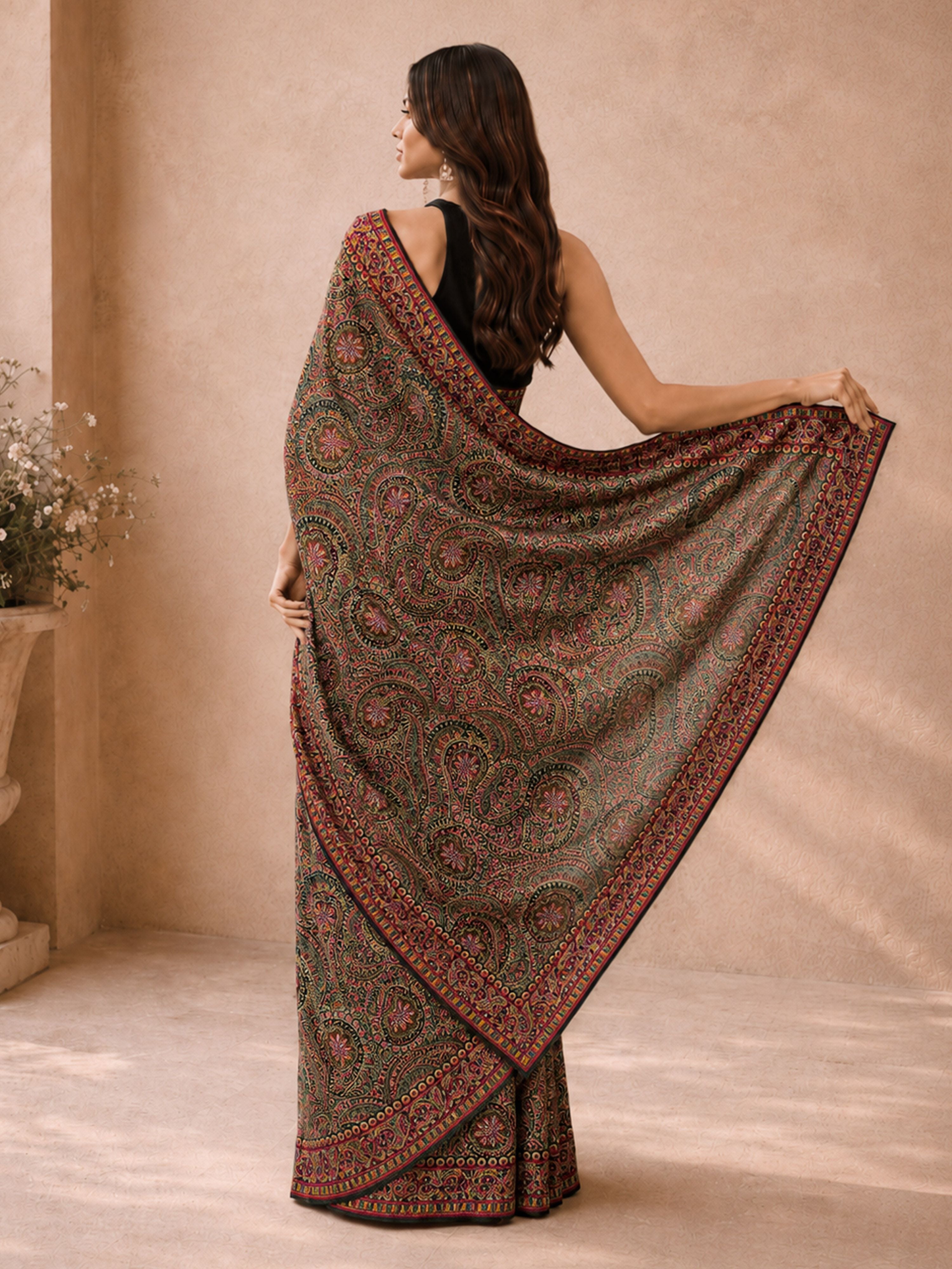 Women's Black Georgette Ethnic Motifs Saree With Unstitched Blouse Piece