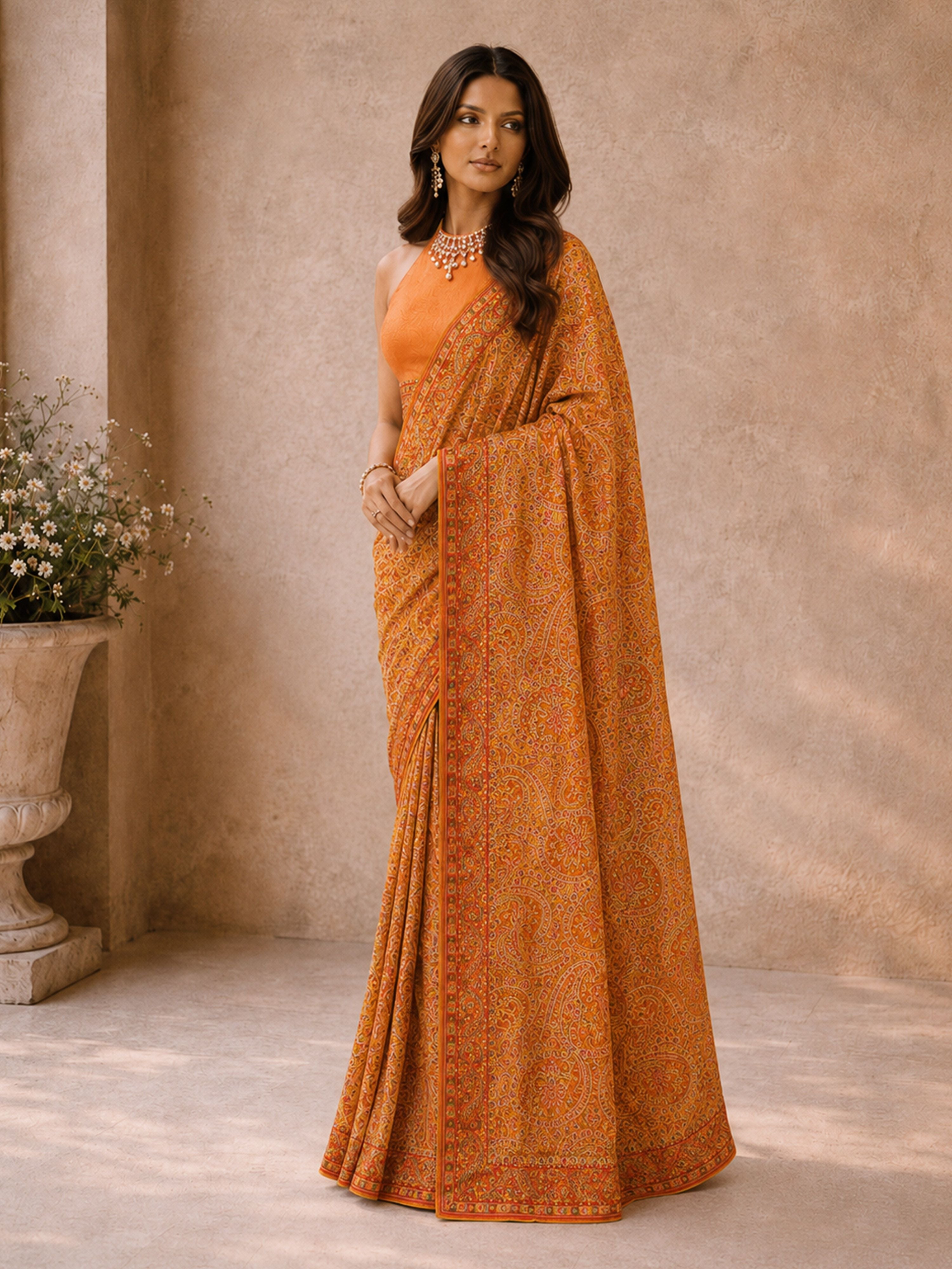 Women's Orange Georgette Paisley Saree With Unstitched Blouse Piece