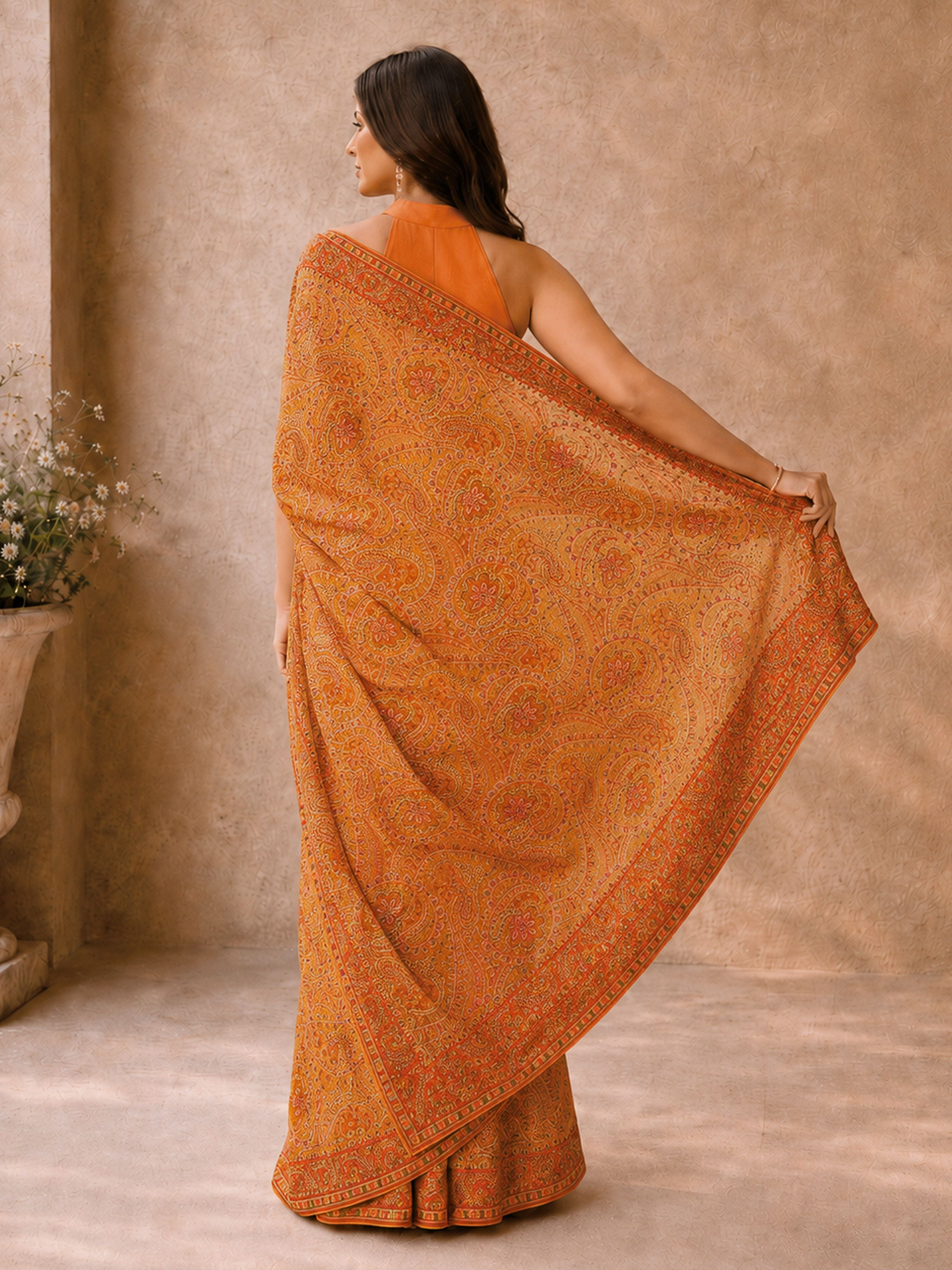 Women's Orange Georgette Paisley Saree With Unstitched Blouse Piece