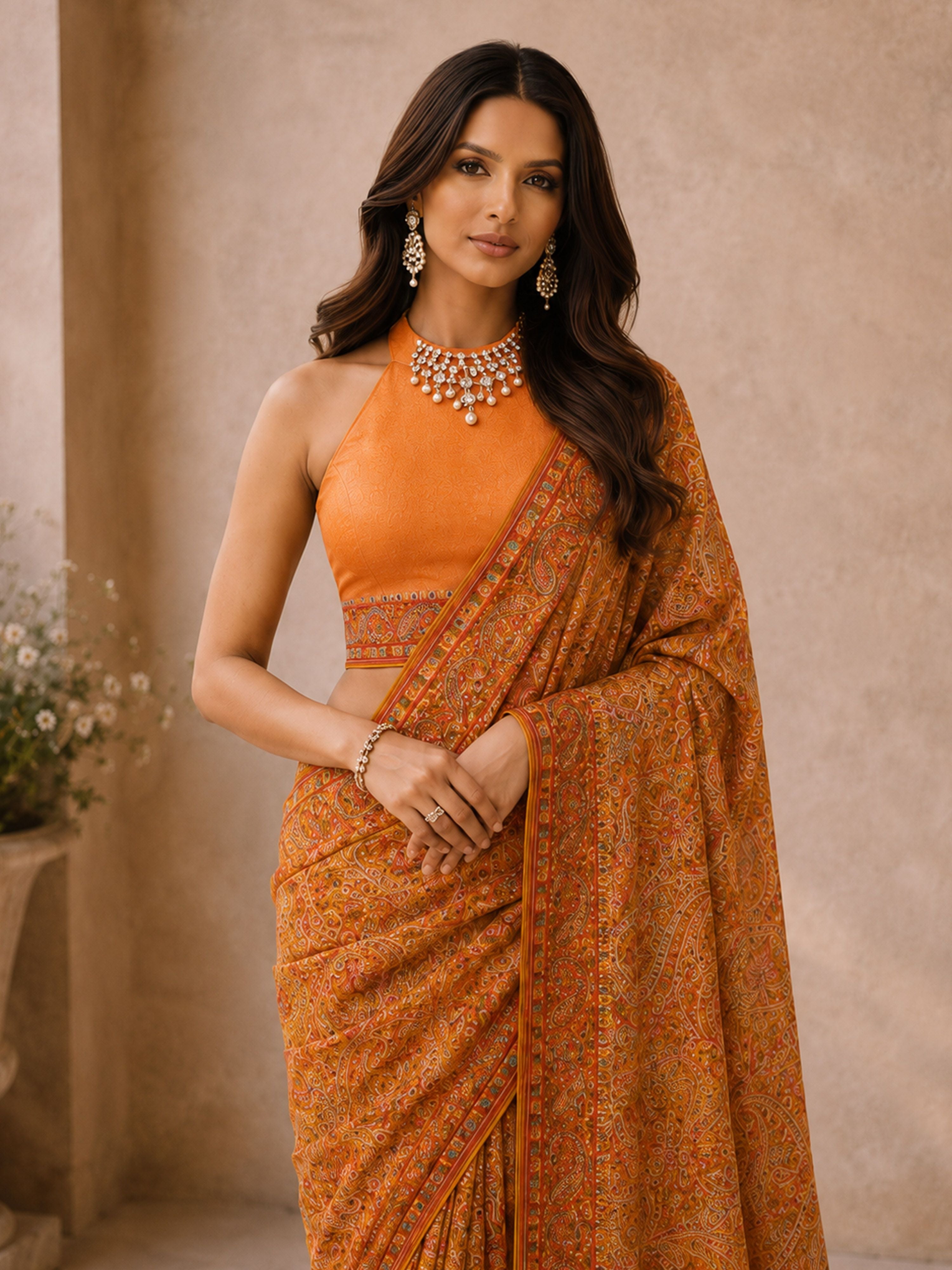 Women's Orange Georgette Paisley Saree With Unstitched Blouse Piece