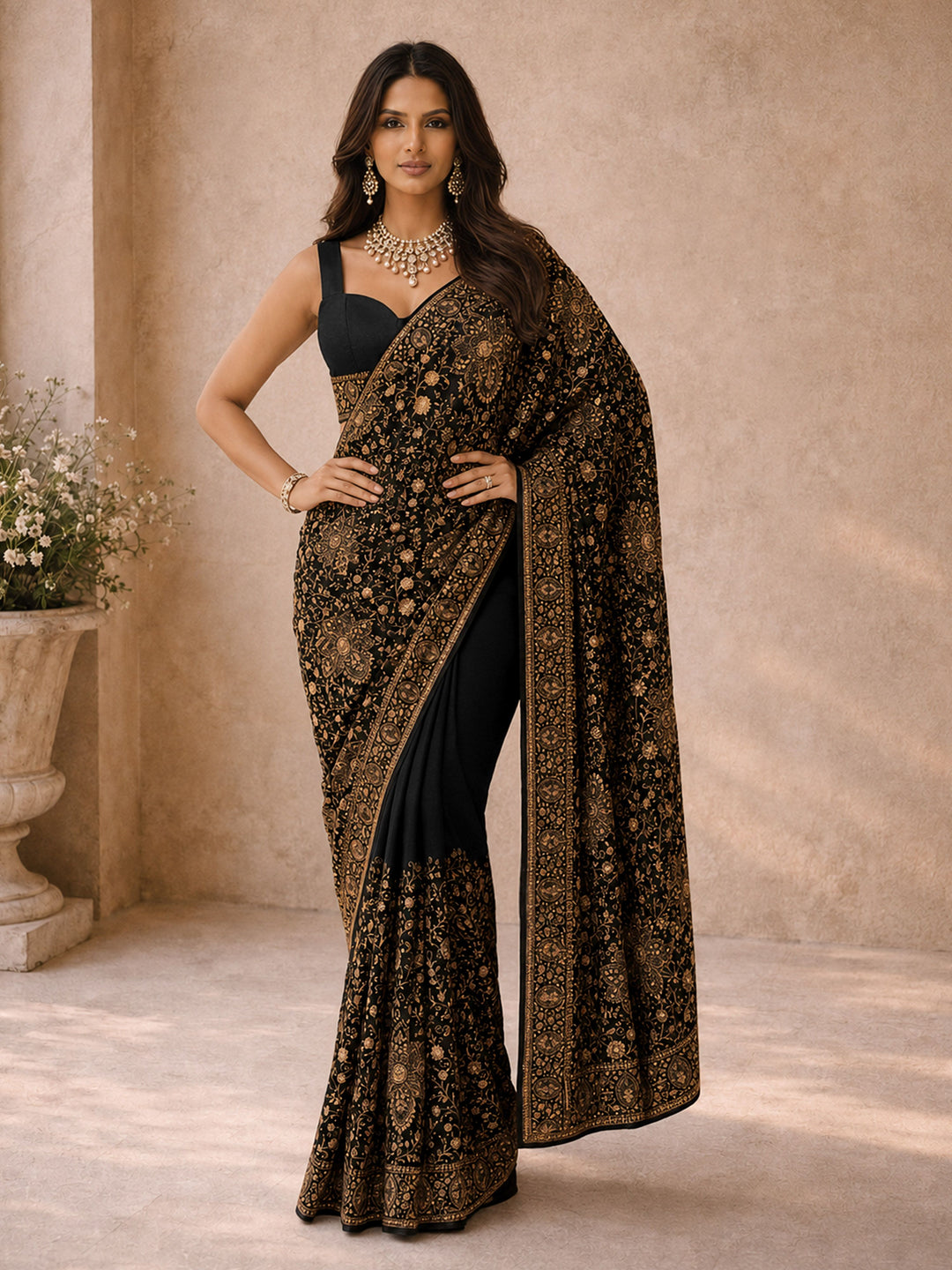 Black Poly Georgette Floral Print Saree with Blouse