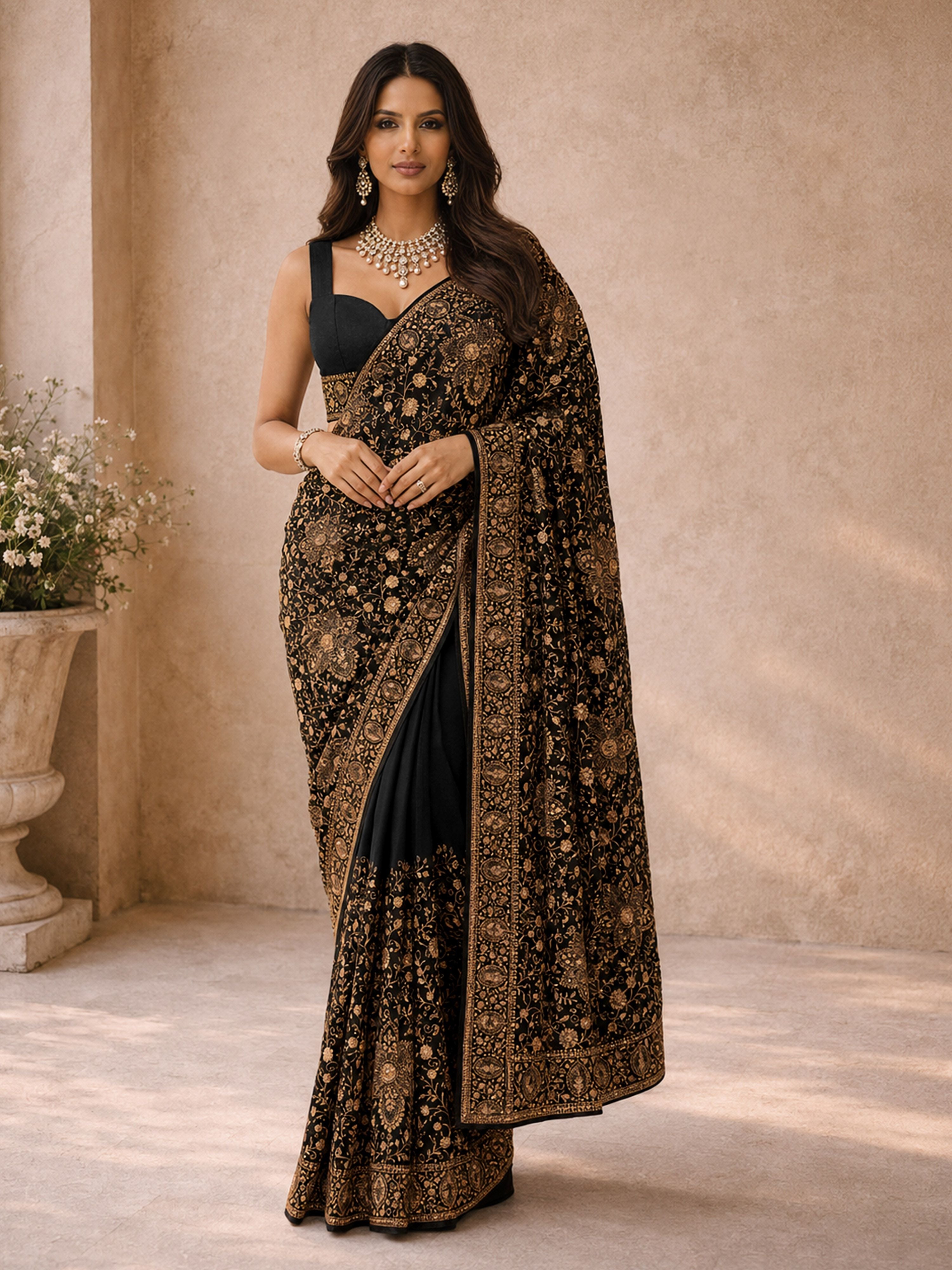 Women's Black Georgette Floral Print Saree With Unstitched Blouse Piece