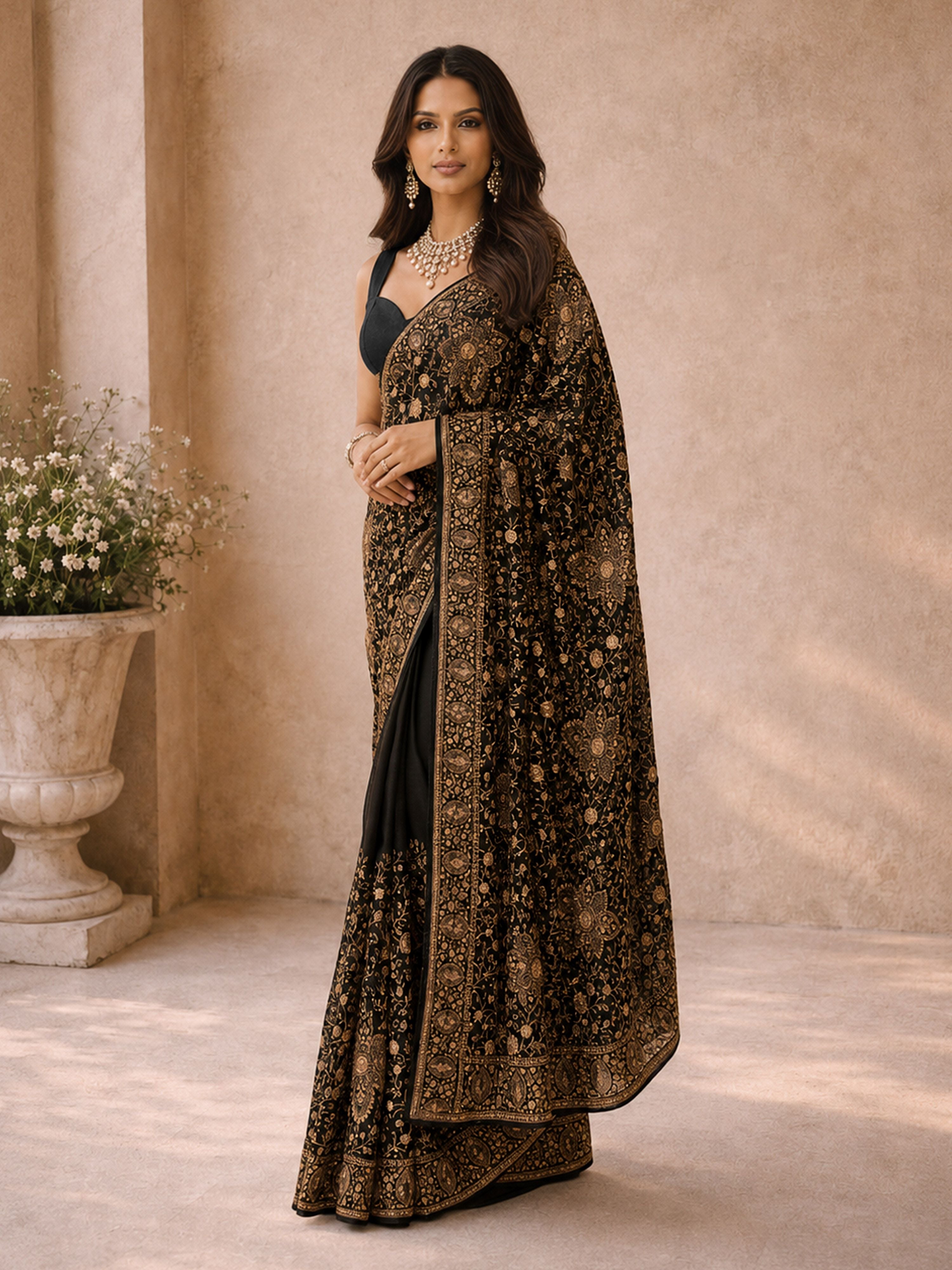 Women's Black Georgette Floral Print Saree With Unstitched Blouse Piece