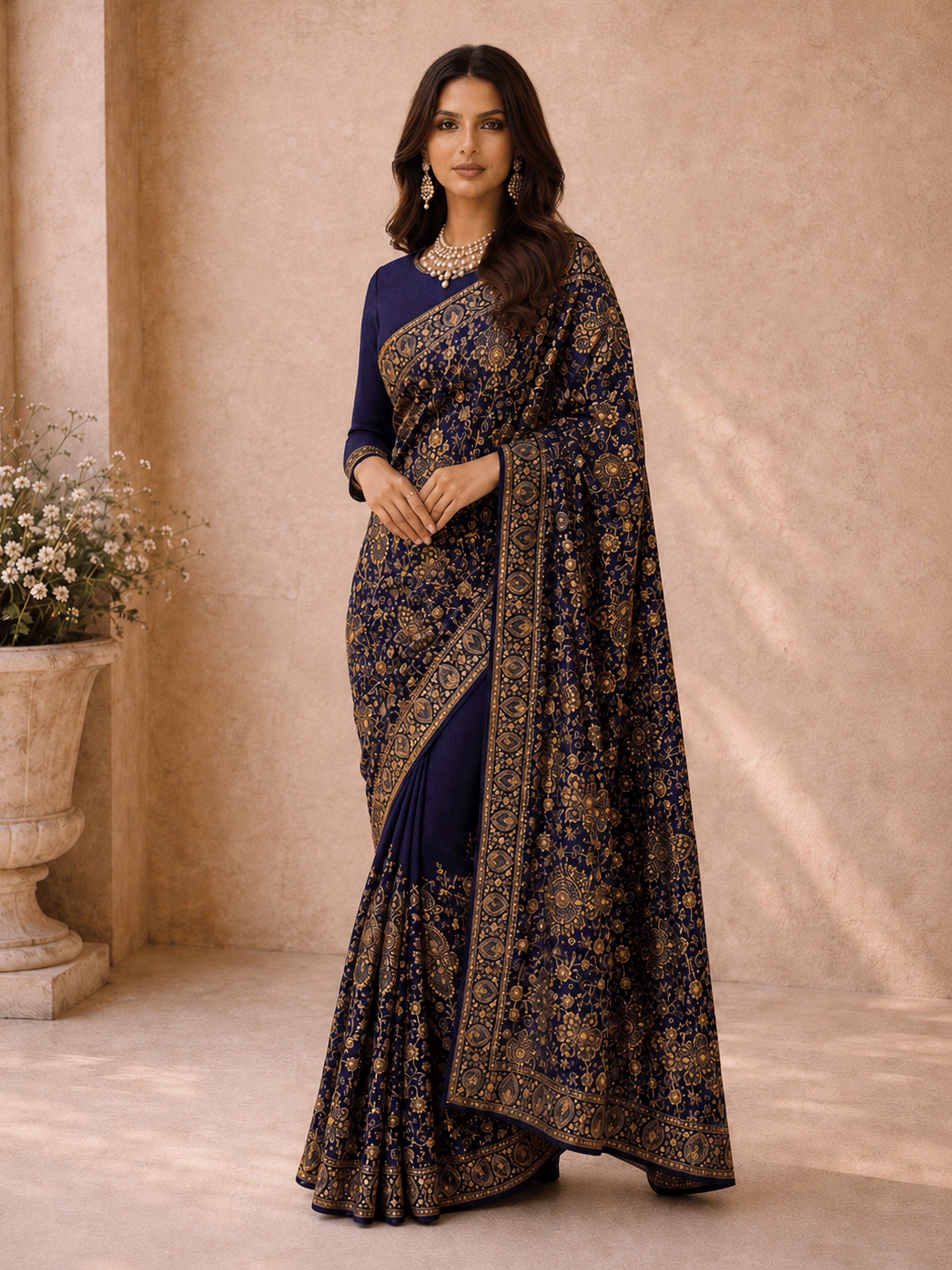 Women's Navy Blue  Floral, Ethnic Motifs Saree with Unstitched Blouse Piece