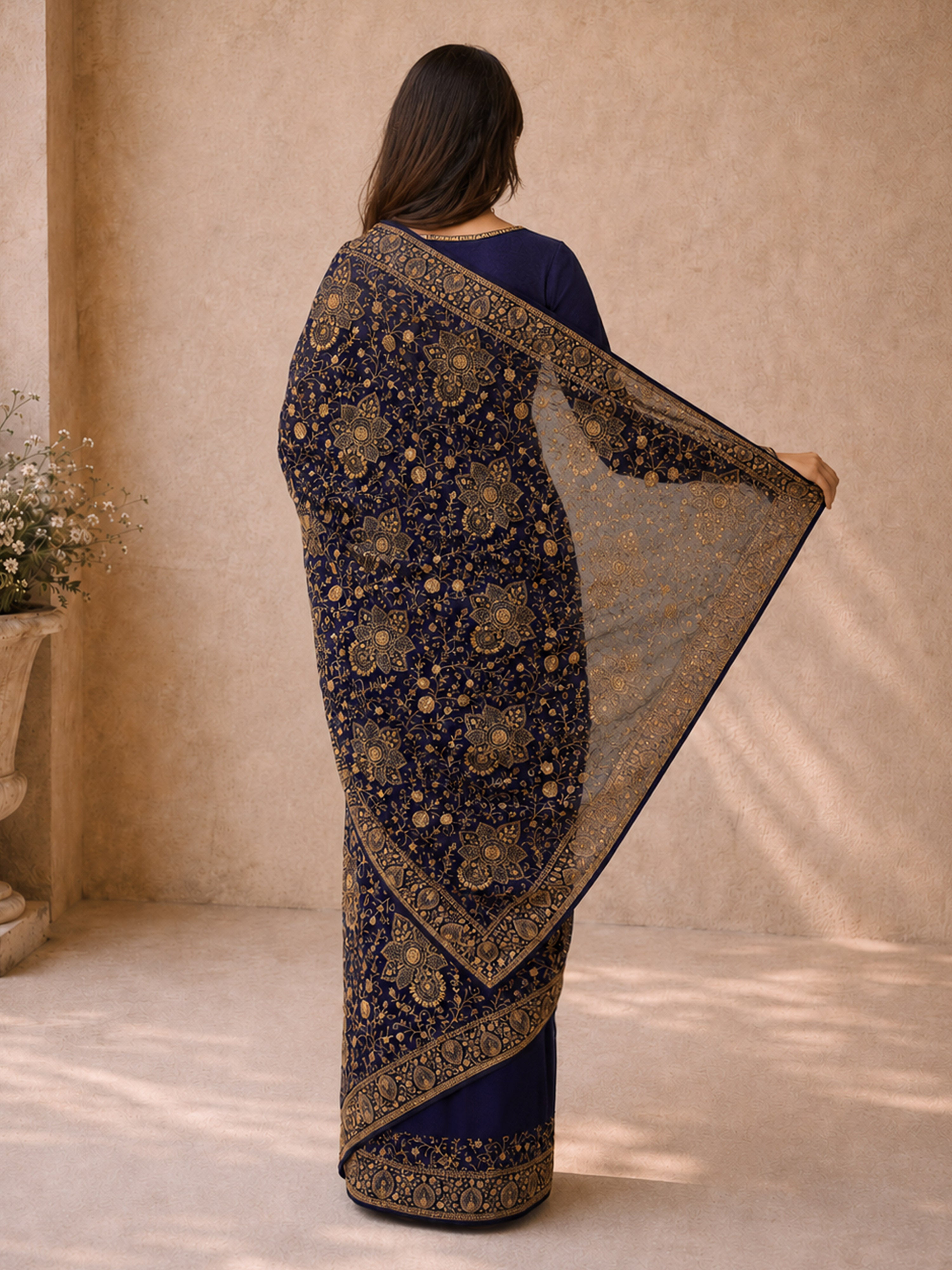 Women's Navy Blue  Floral, Ethnic Motifs Saree with Unstitched Blouse Piece