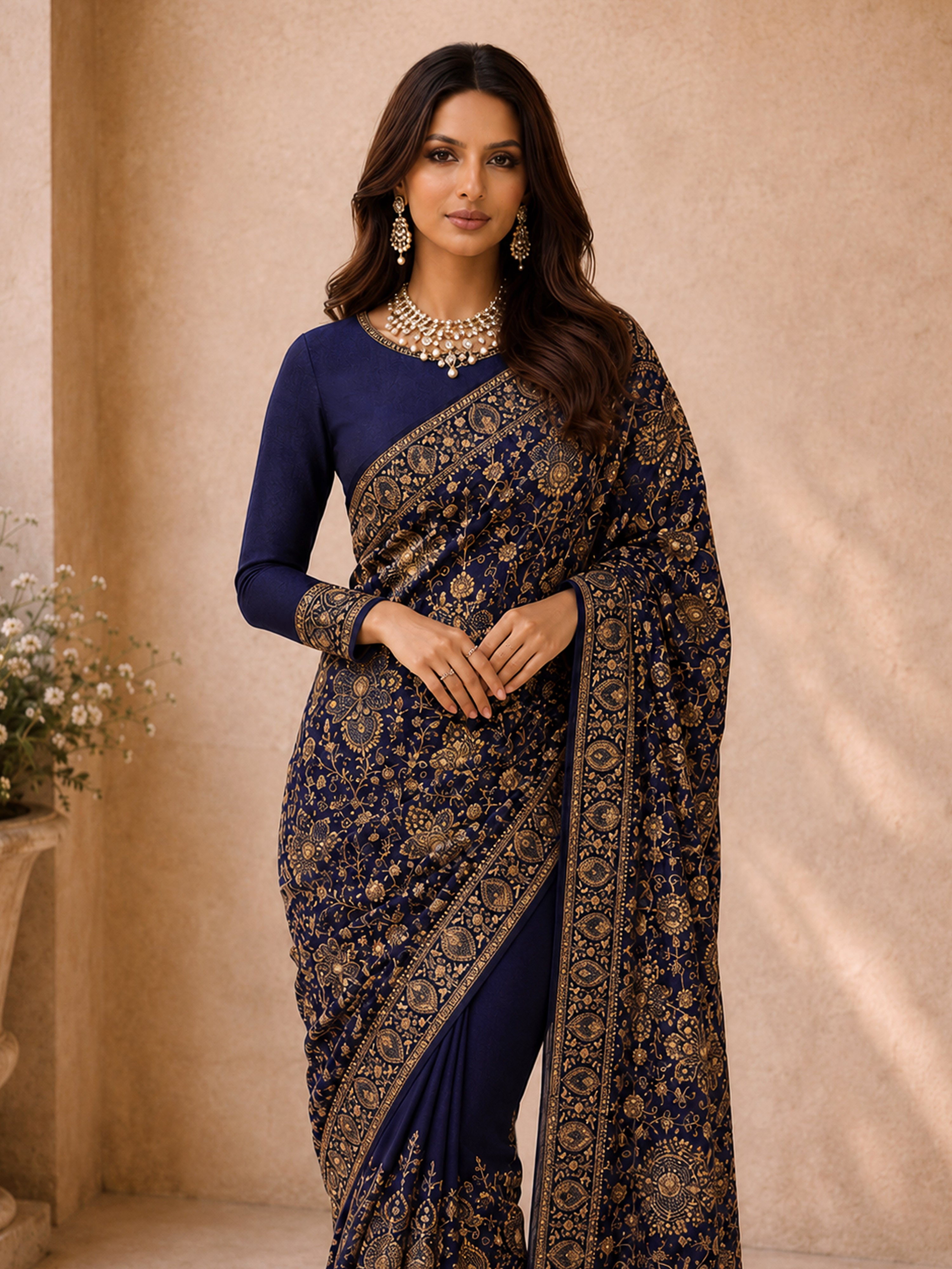 Women's Navy Blue  Floral, Ethnic Motifs Saree with Unstitched Blouse Piece