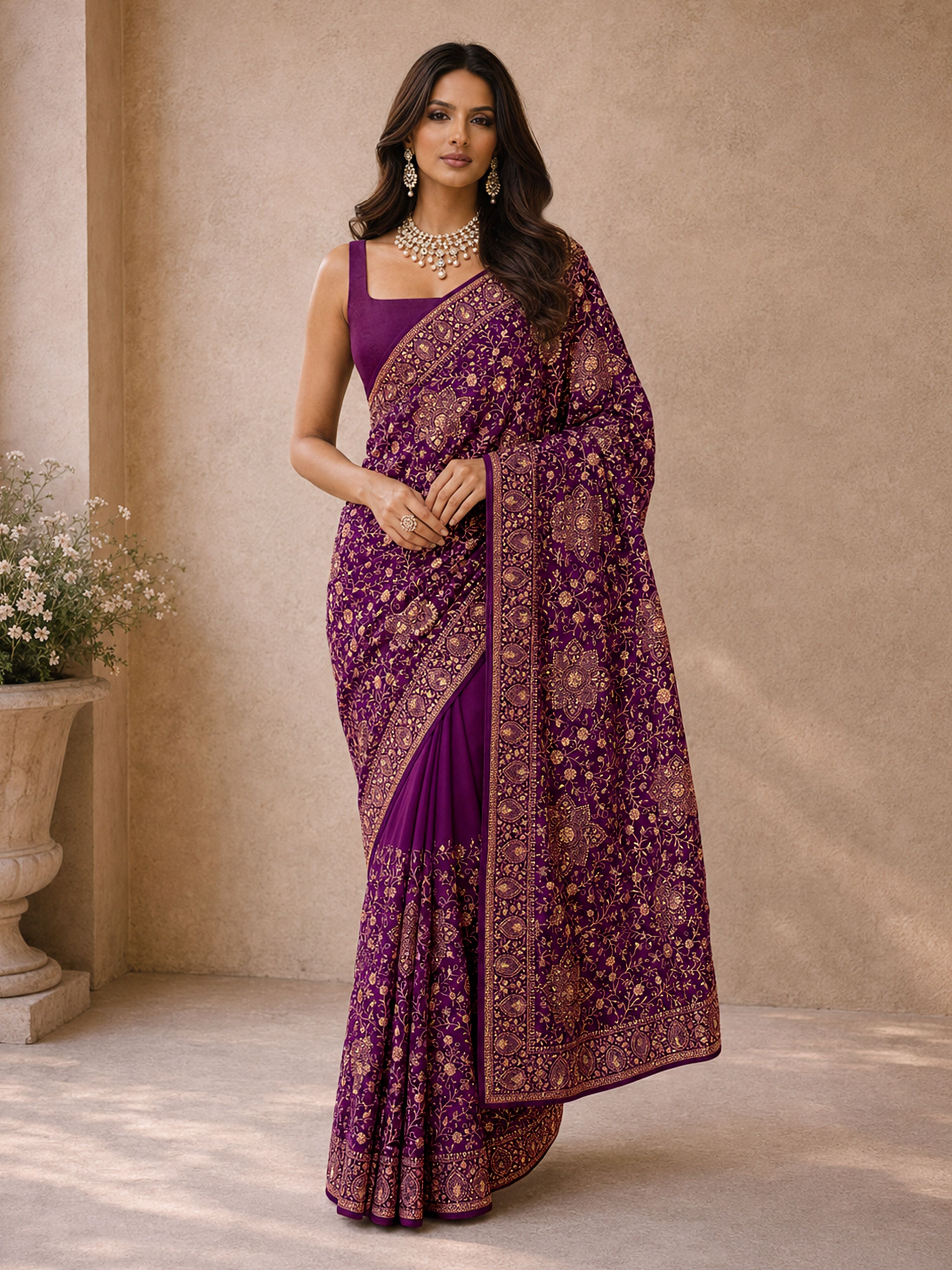 Women's Purple Georgette Floral Print Saree With Unstitched Blouse Piece