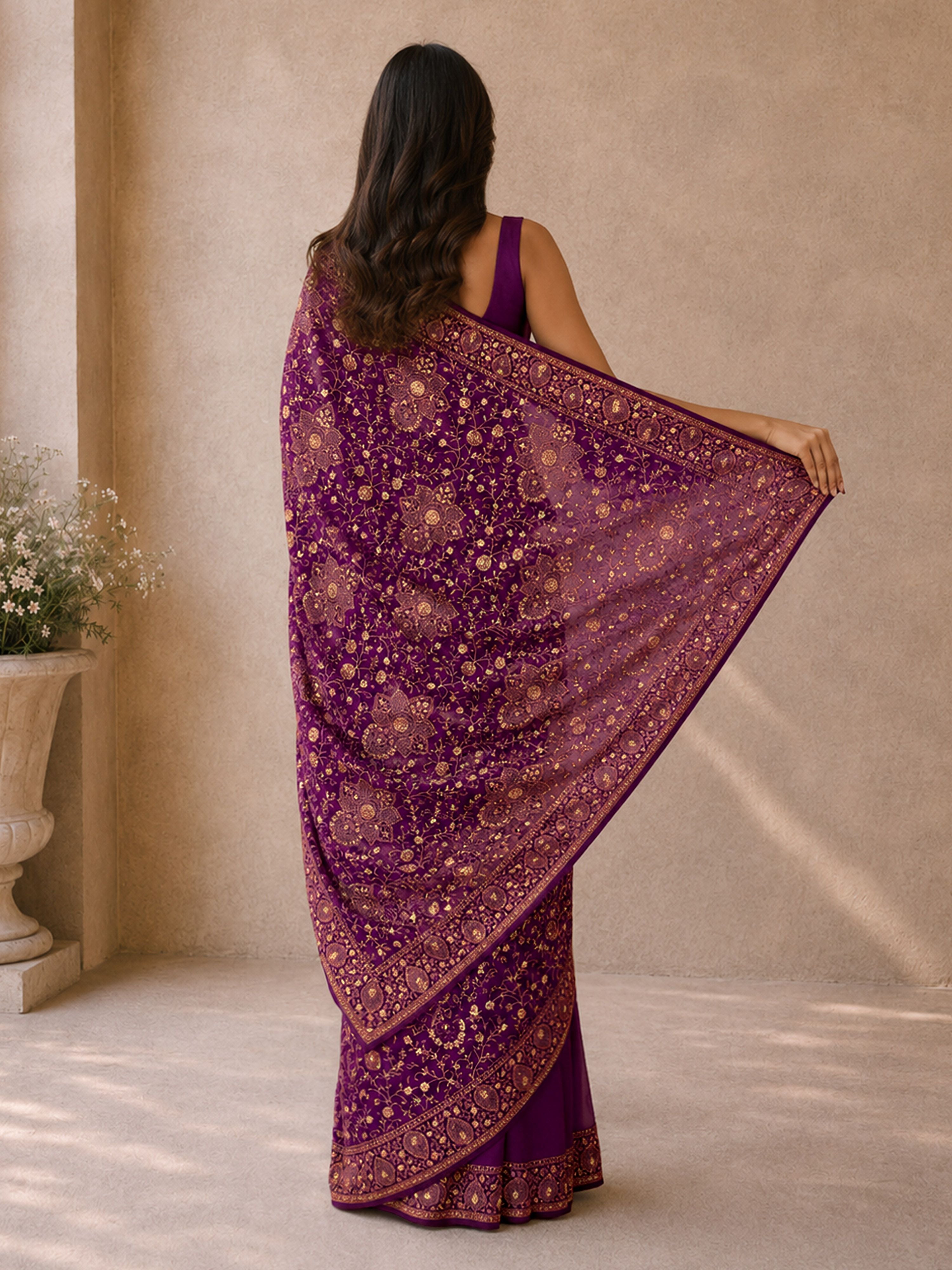 Women's Purple Georgette Floral Print Saree With Unstitched Blouse Piece