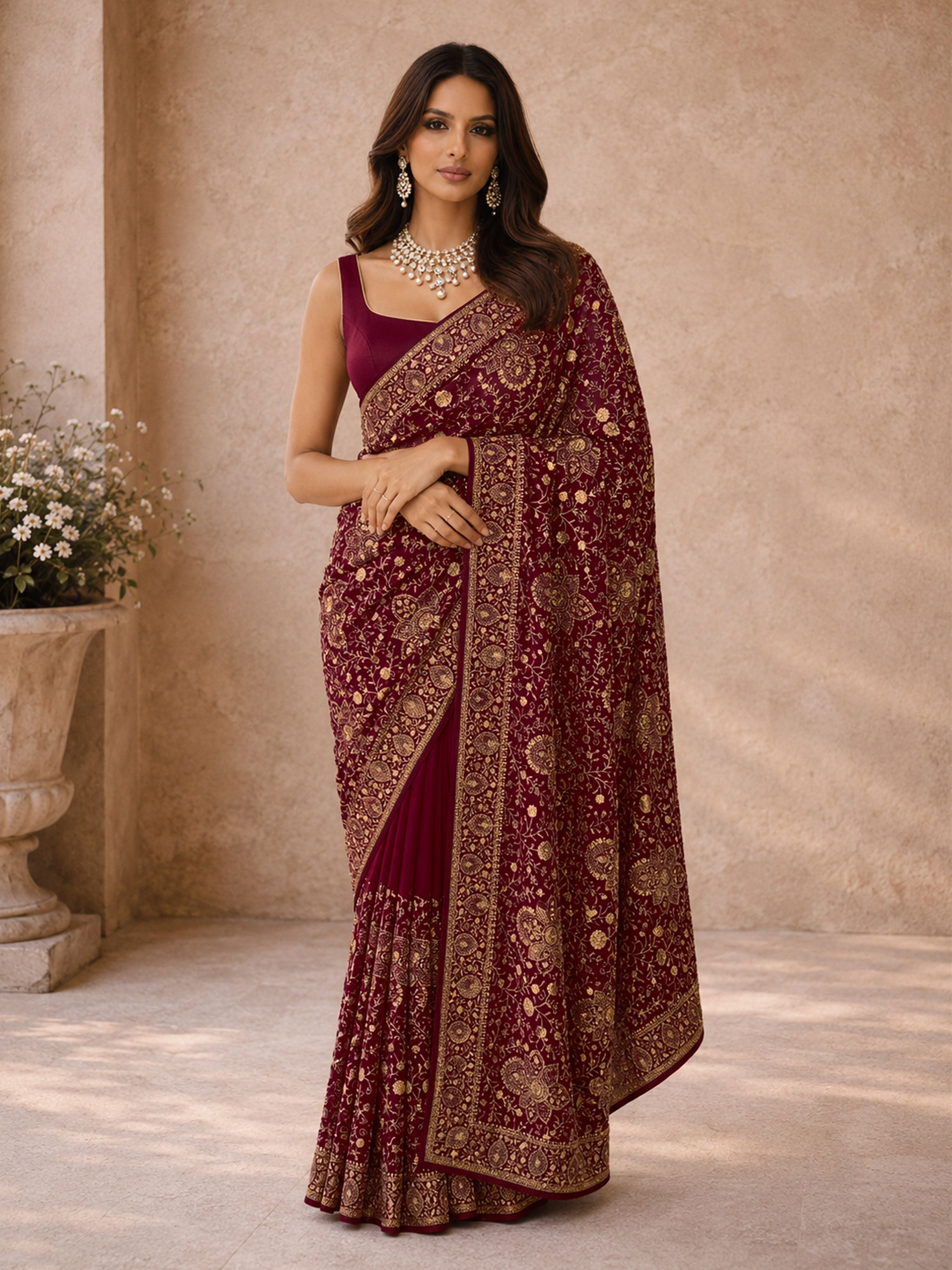 Women's Red Georgette Floral Print Saree With Unstitched Blouse Piece
