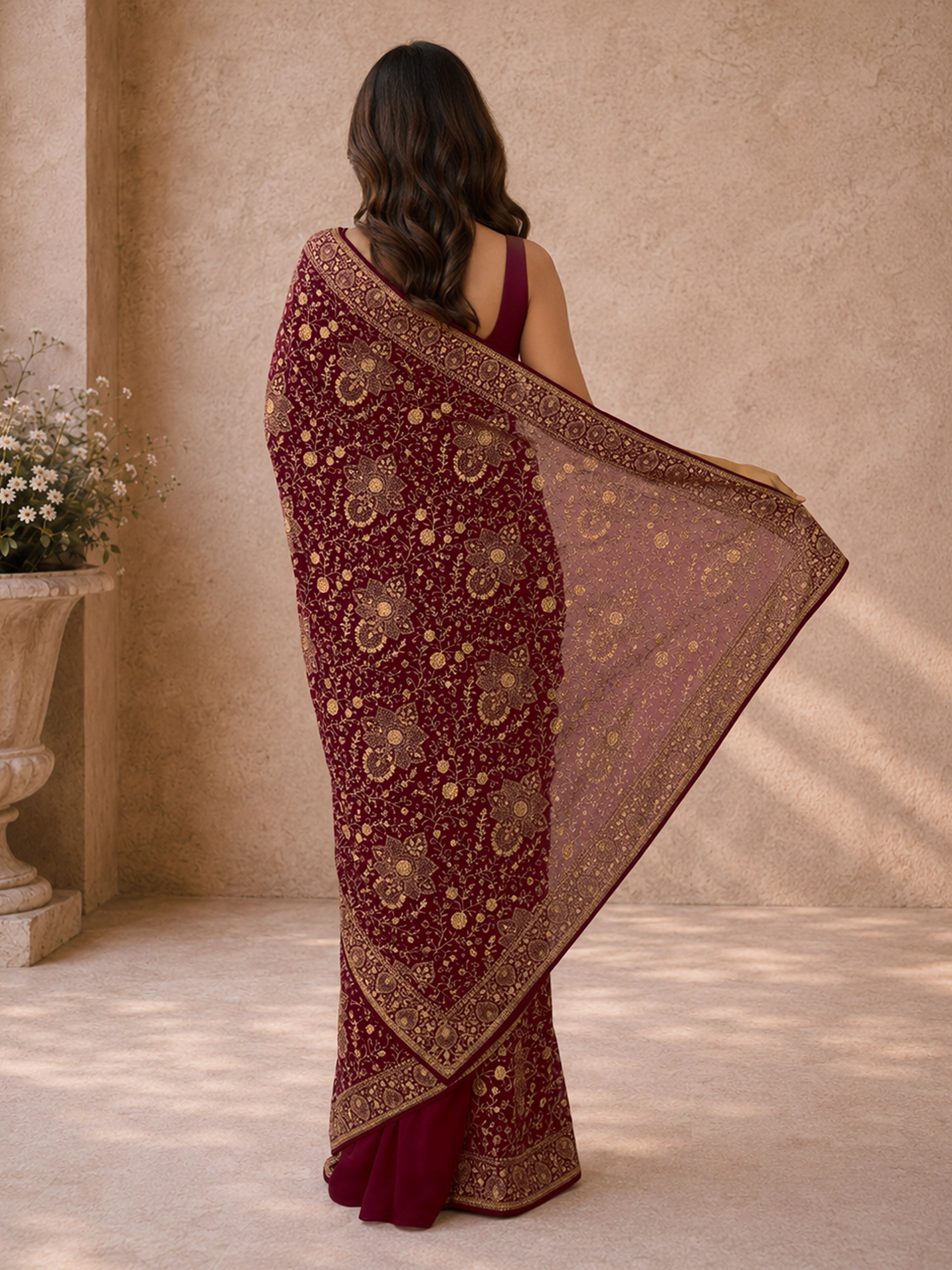 Women's Red Georgette Floral Print Saree With Unstitched Blouse Piece