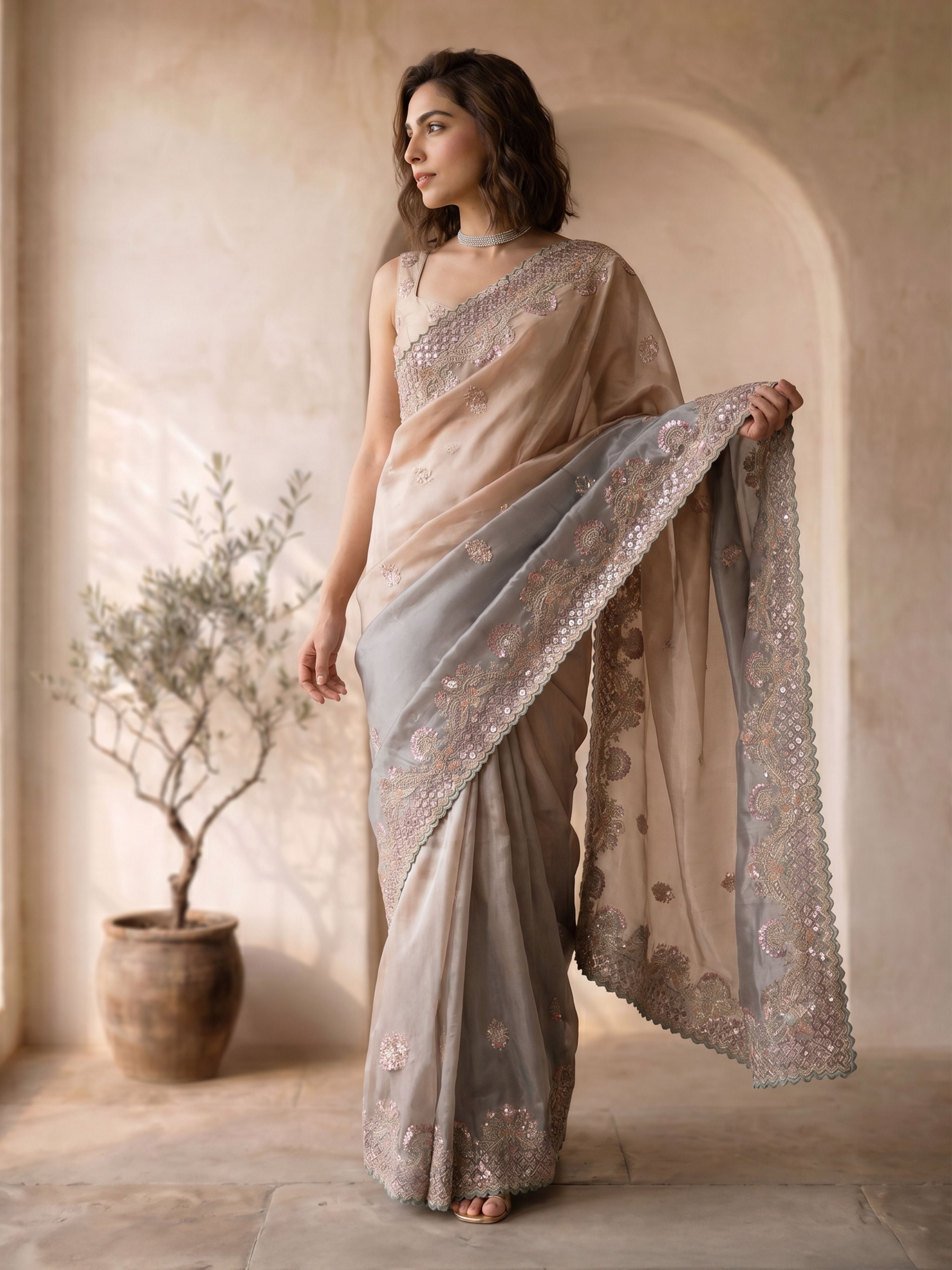 Women's Grey Organza Embroidered Saree With Unstitched Blouse Piece