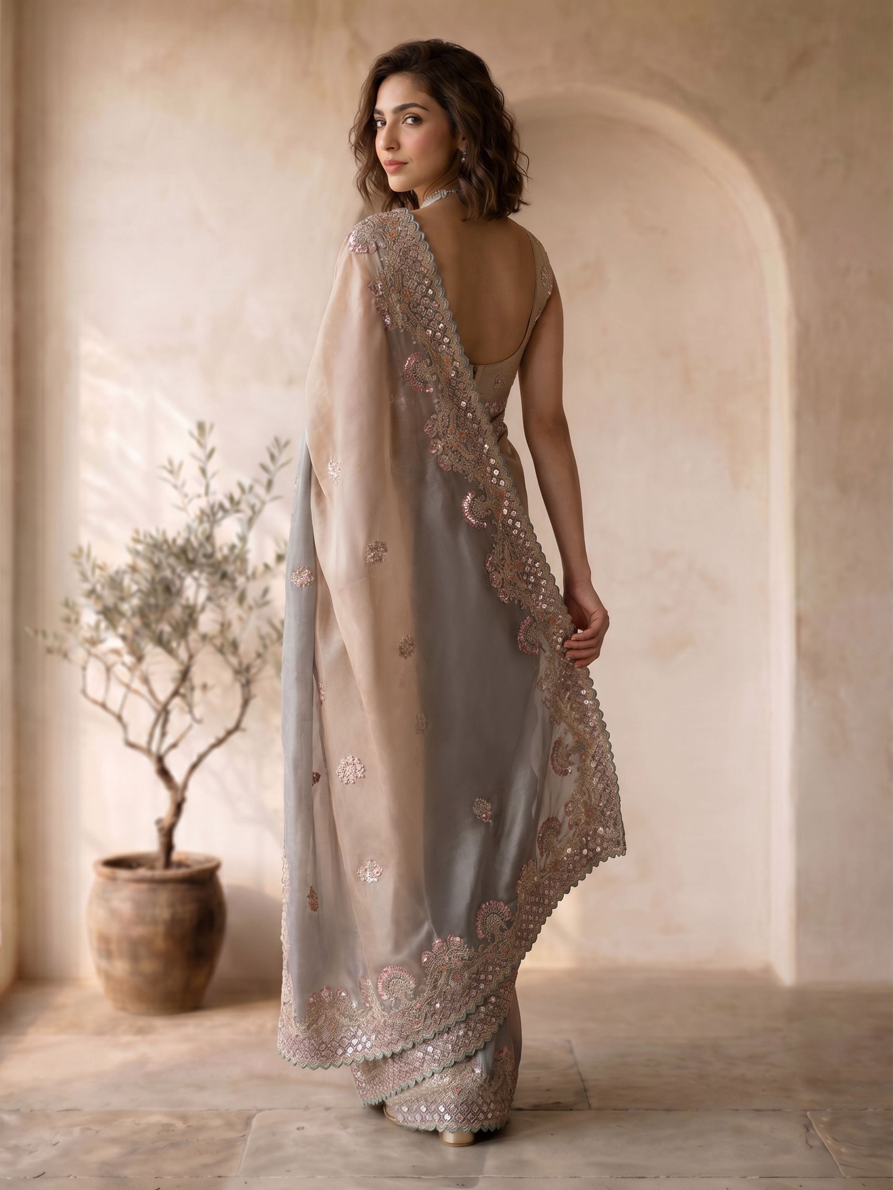 Women's Grey Organza Embroidered Saree With Unstitched Blouse Piece