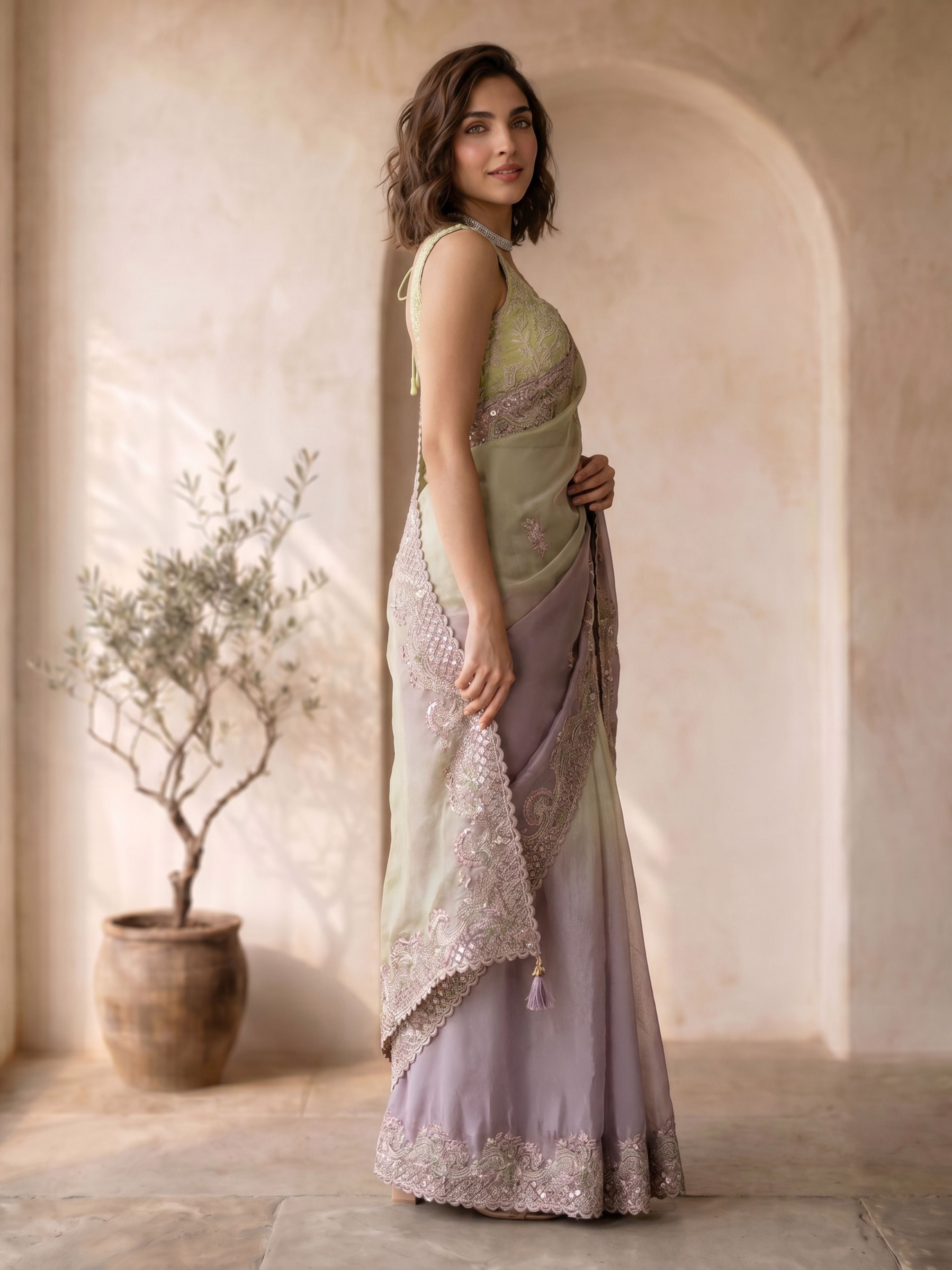 Women's Lavender Organza Embroidered Saree With Unstitched Blouse Piece
