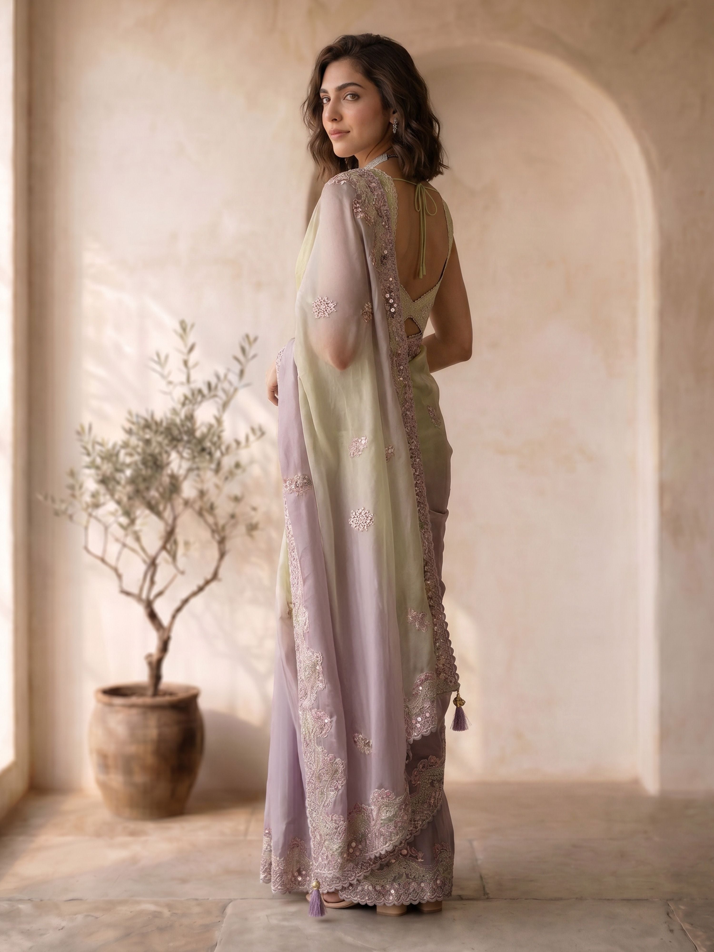 Women's Lavender Organza Embroidered Saree With Unstitched Blouse Piece