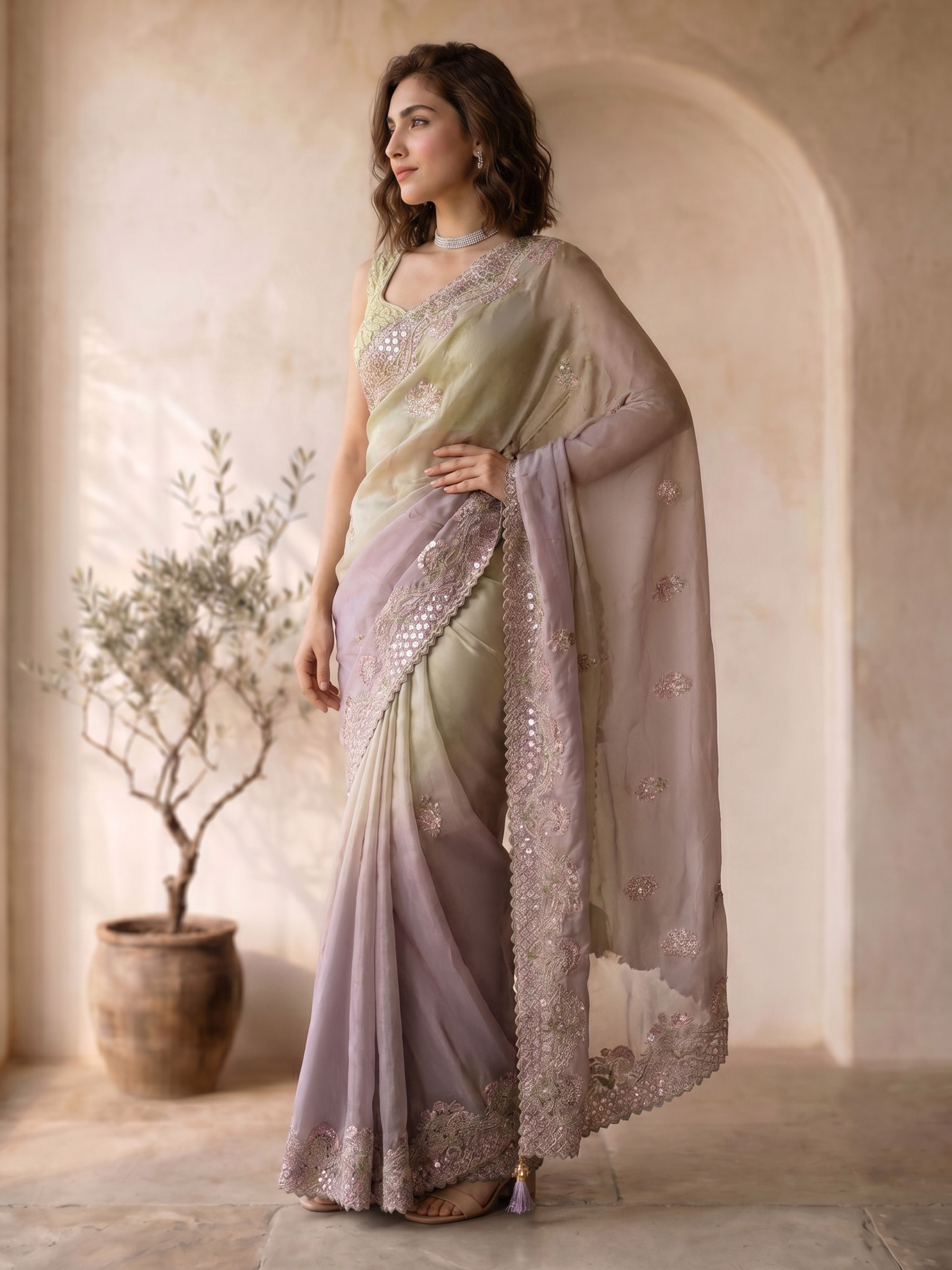 Women's Lavender Organza Embroidered Saree With Unstitched Blouse Piece