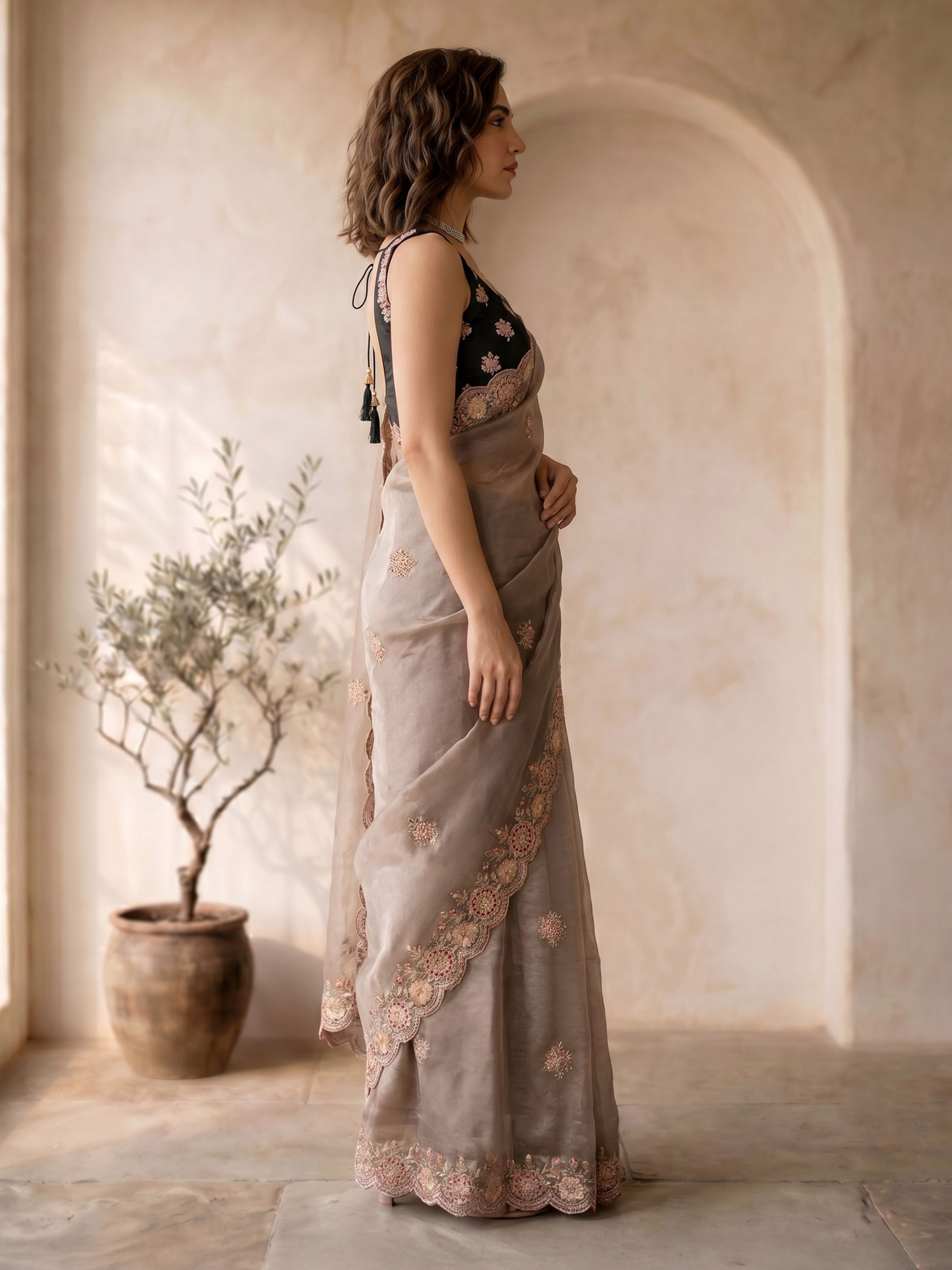 Women's Copper Organza Embroidered Saree With Unstitched Blouse Piece