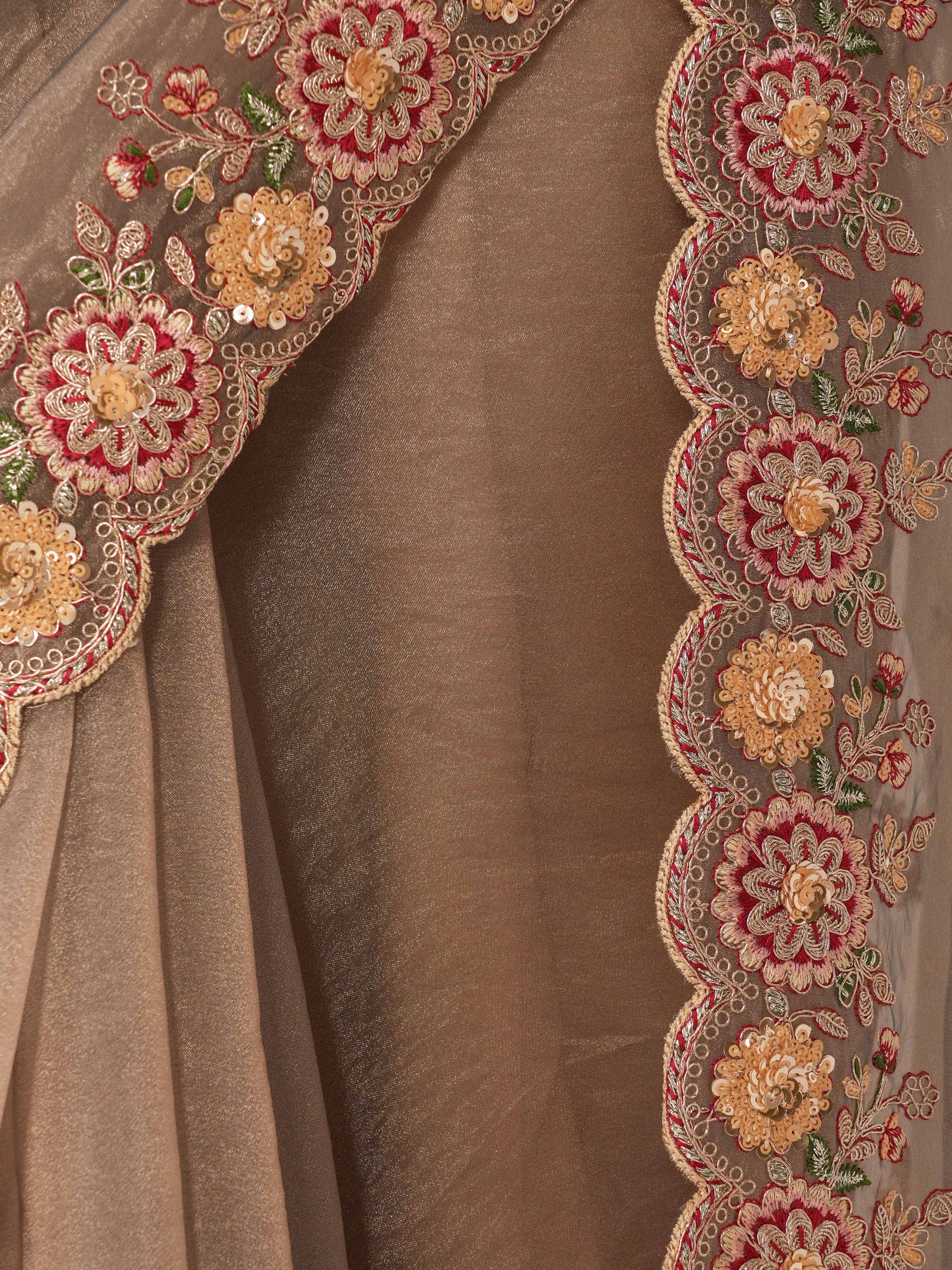 Women's Copper Organza Embroidered Saree With Unstitched Blouse Piece
