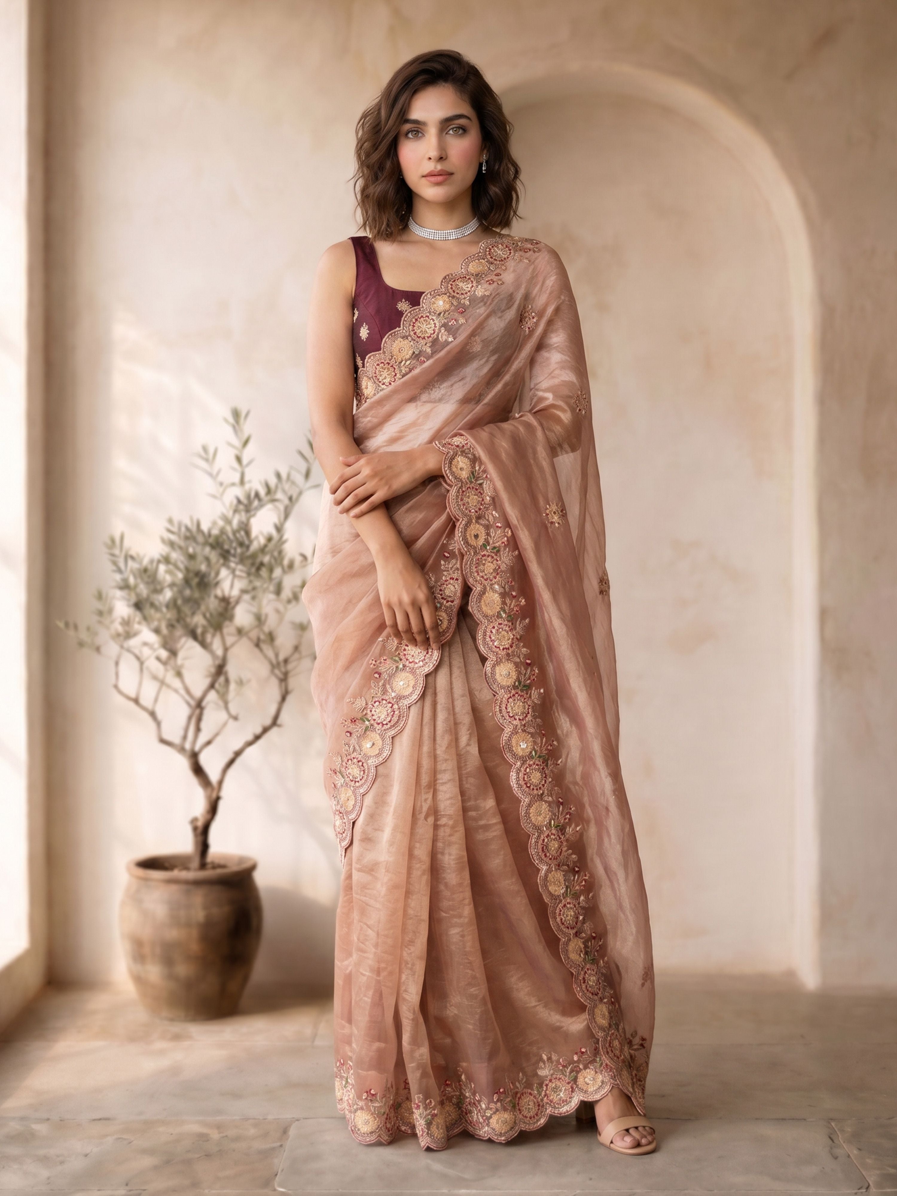 Rose Gold Organza Embroidered Saree with Sequin Border