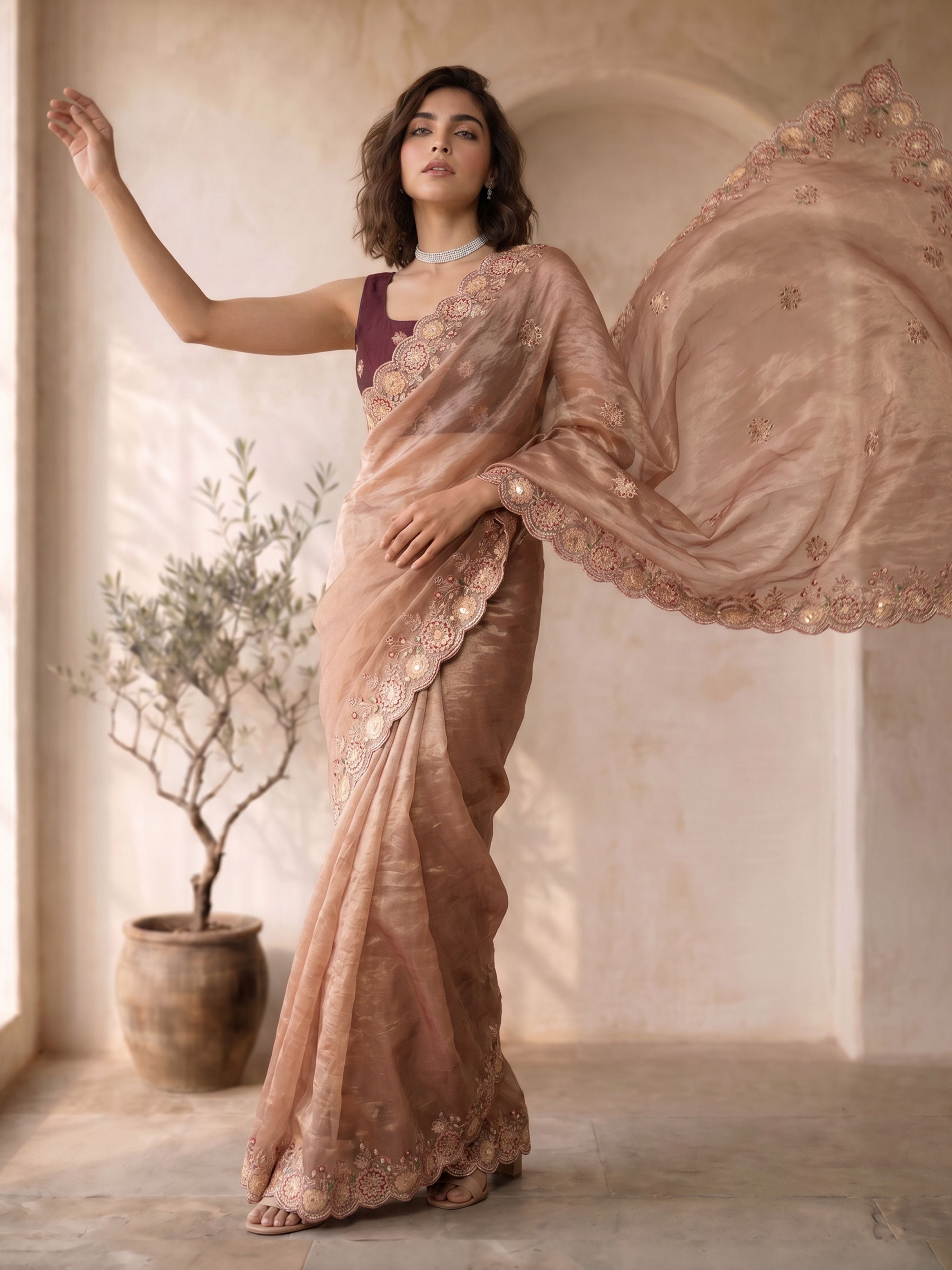 Women's Rose Gold Organza Embroidered Saree With Unstitched Blouse Piece