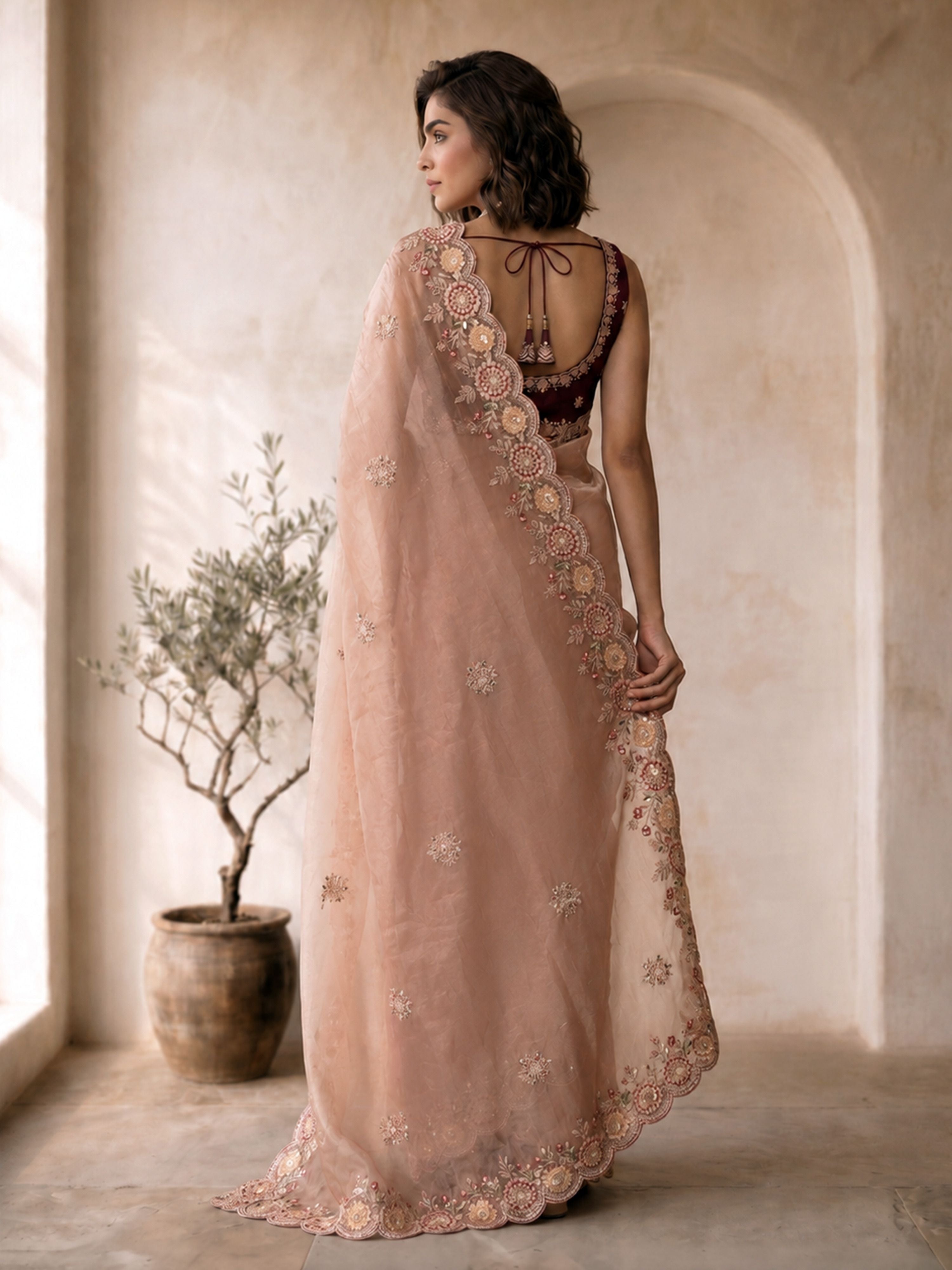 Women's Rose Gold Organza Embroidered Saree With Unstitched Blouse Piece