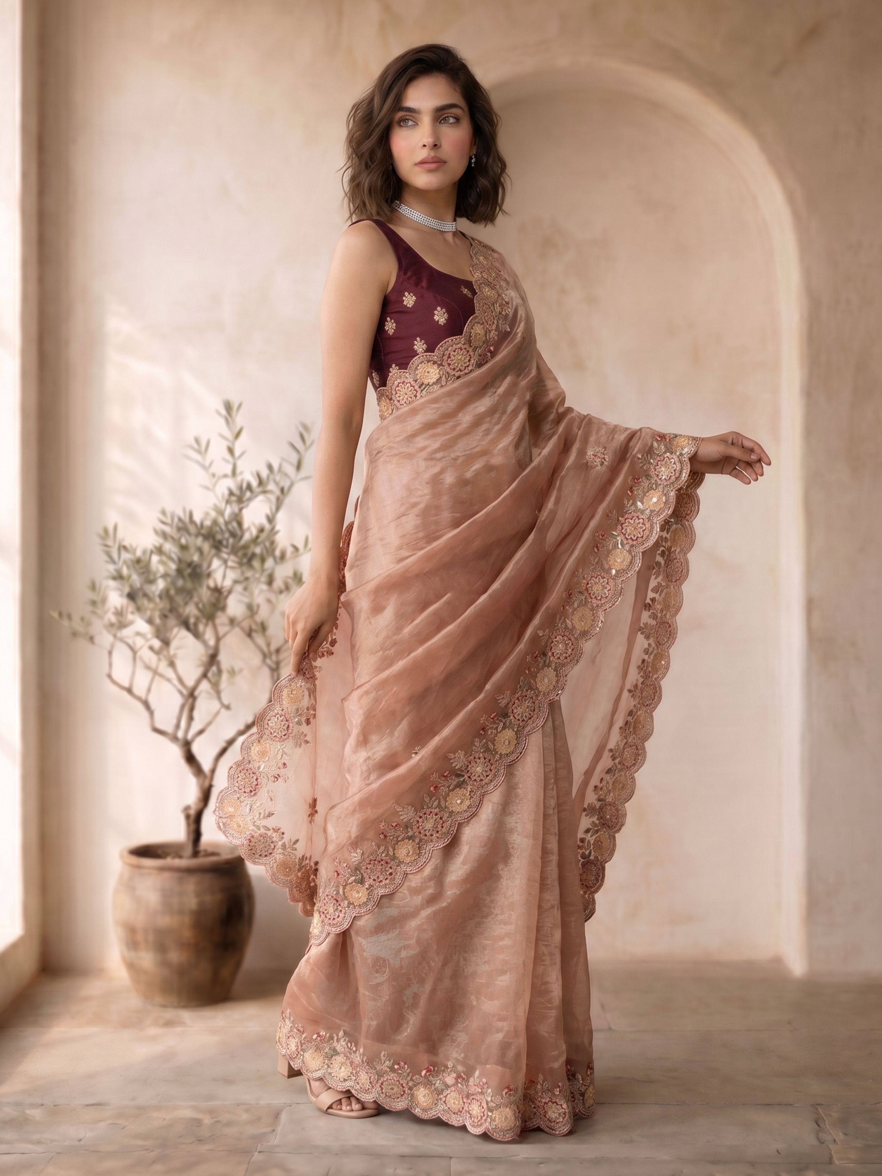 Women's Rose Gold Organza Embroidered Saree With Unstitched Blouse Piece