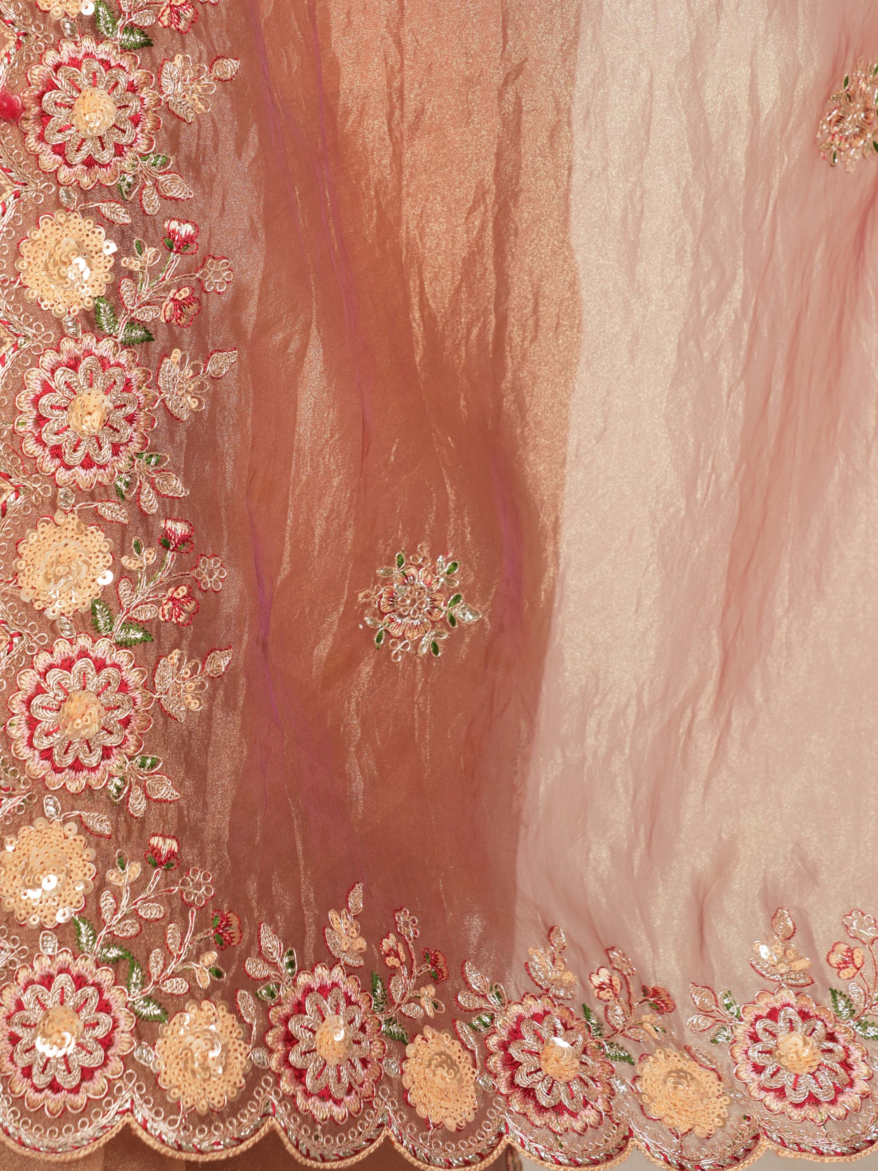 Women's Rose Gold Organza Embroidered Saree With Unstitched Blouse Piece