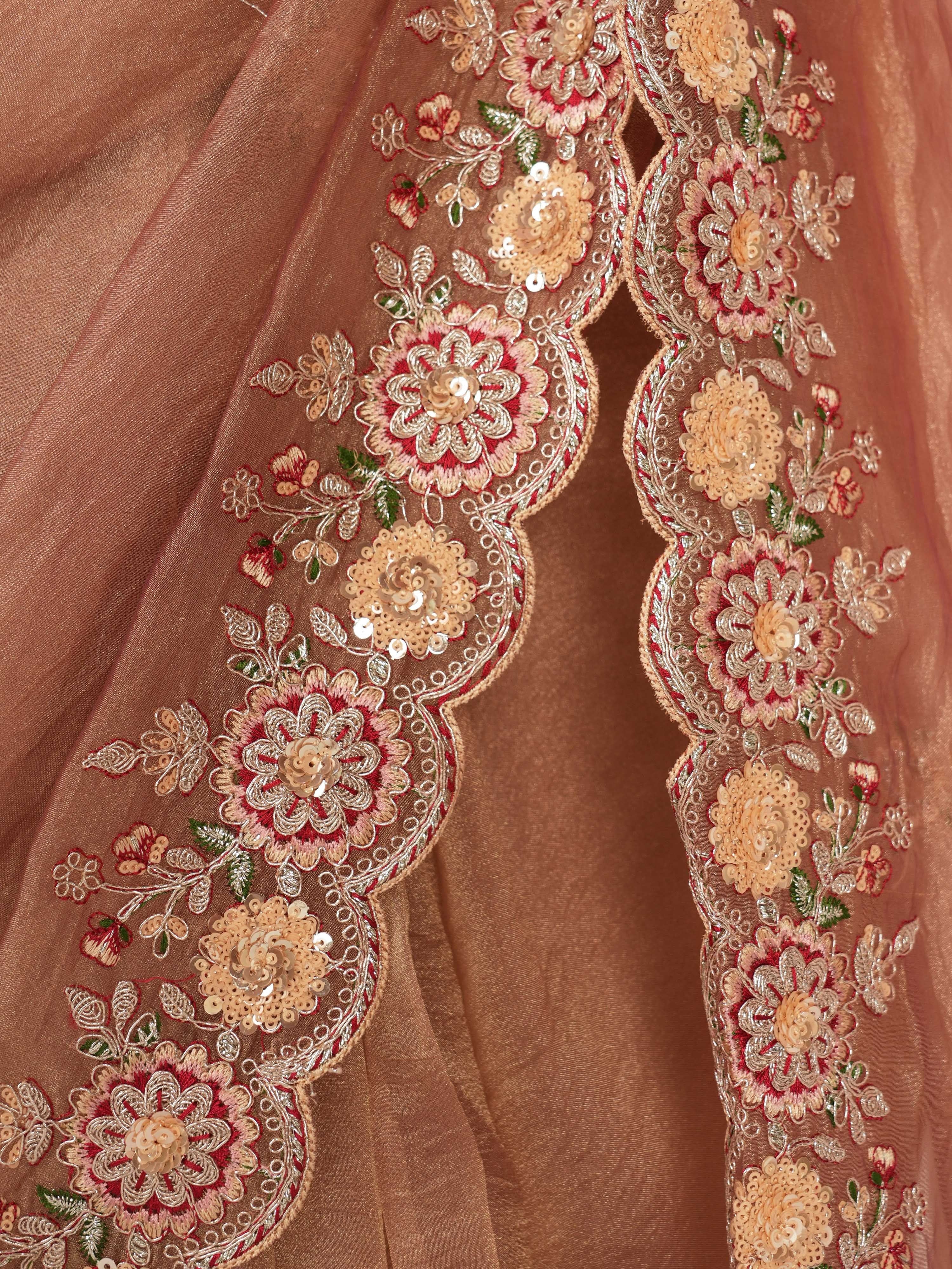Women's Rose Gold Organza Embroidered Saree With Unstitched Blouse Piece