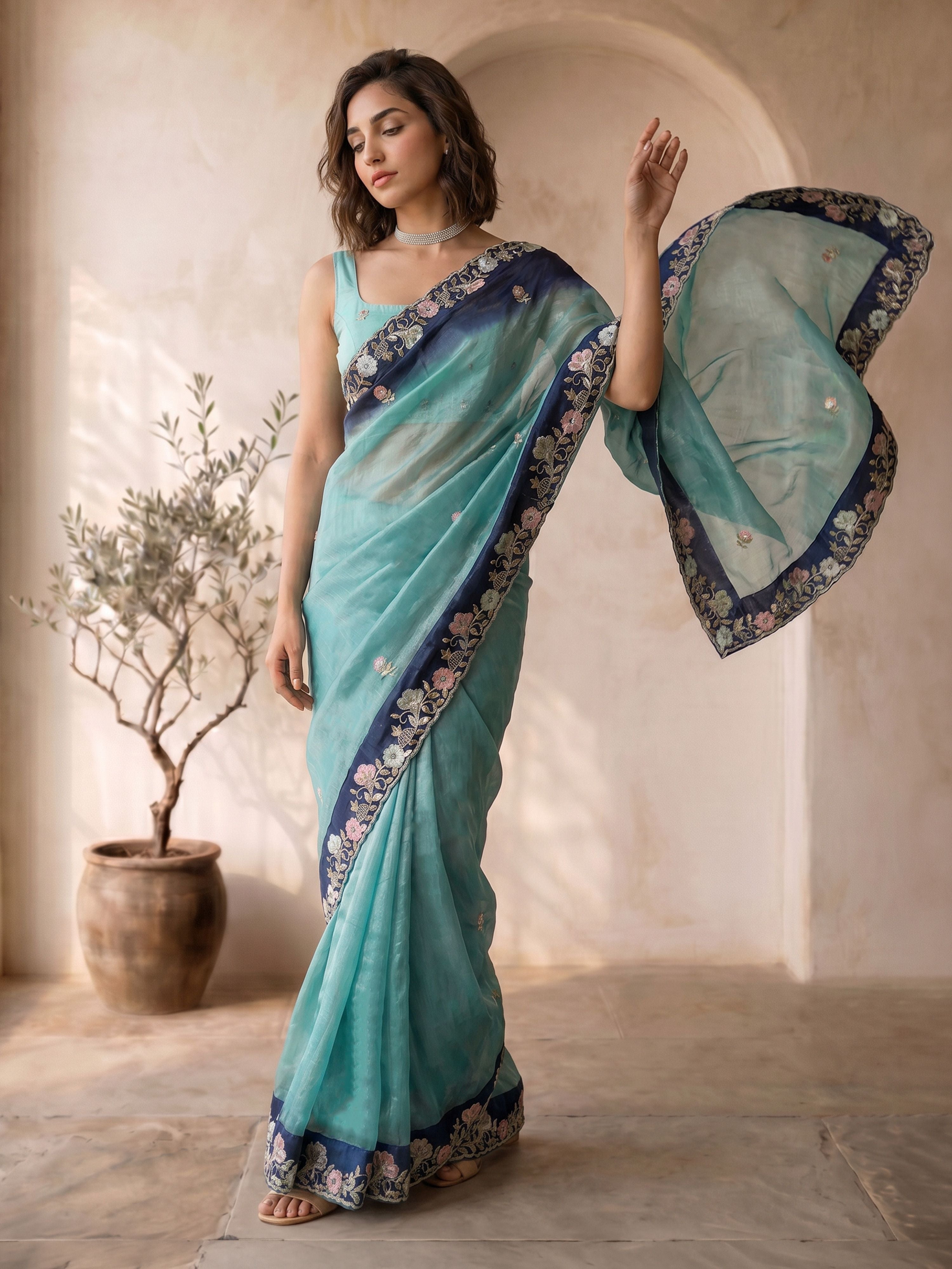 Women's Blue Organza Embroidered Saree With Unstitched Blouse Piece