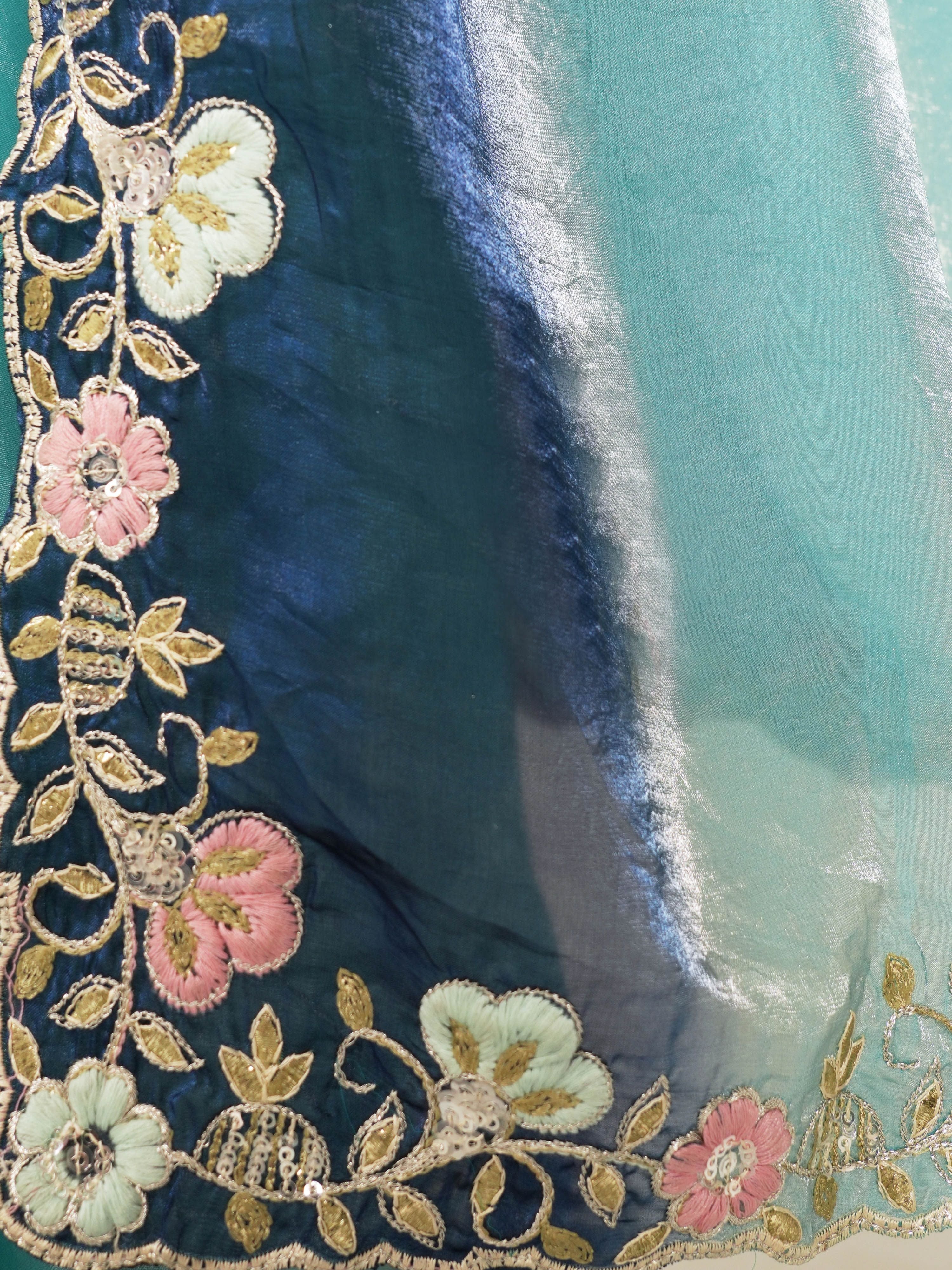 Women's Blue Organza Embroidered Saree With Unstitched Blouse Piece